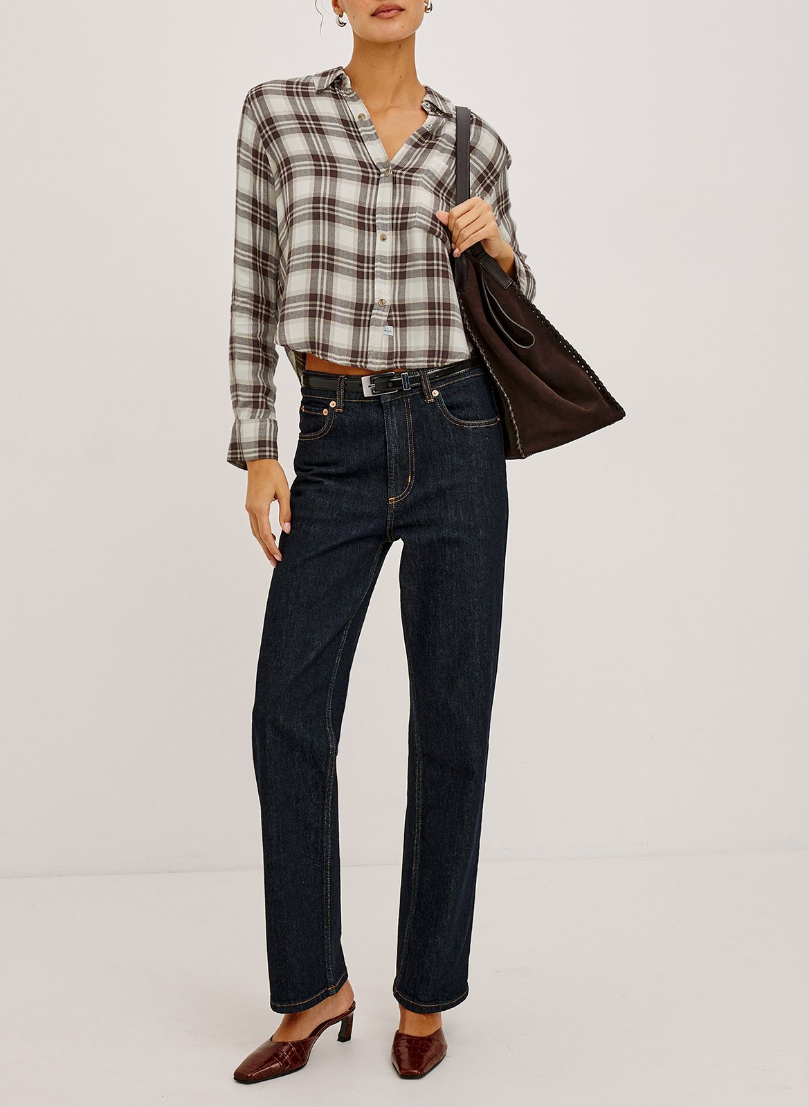 Chemise courte fluide à carreaux RAILS Marron