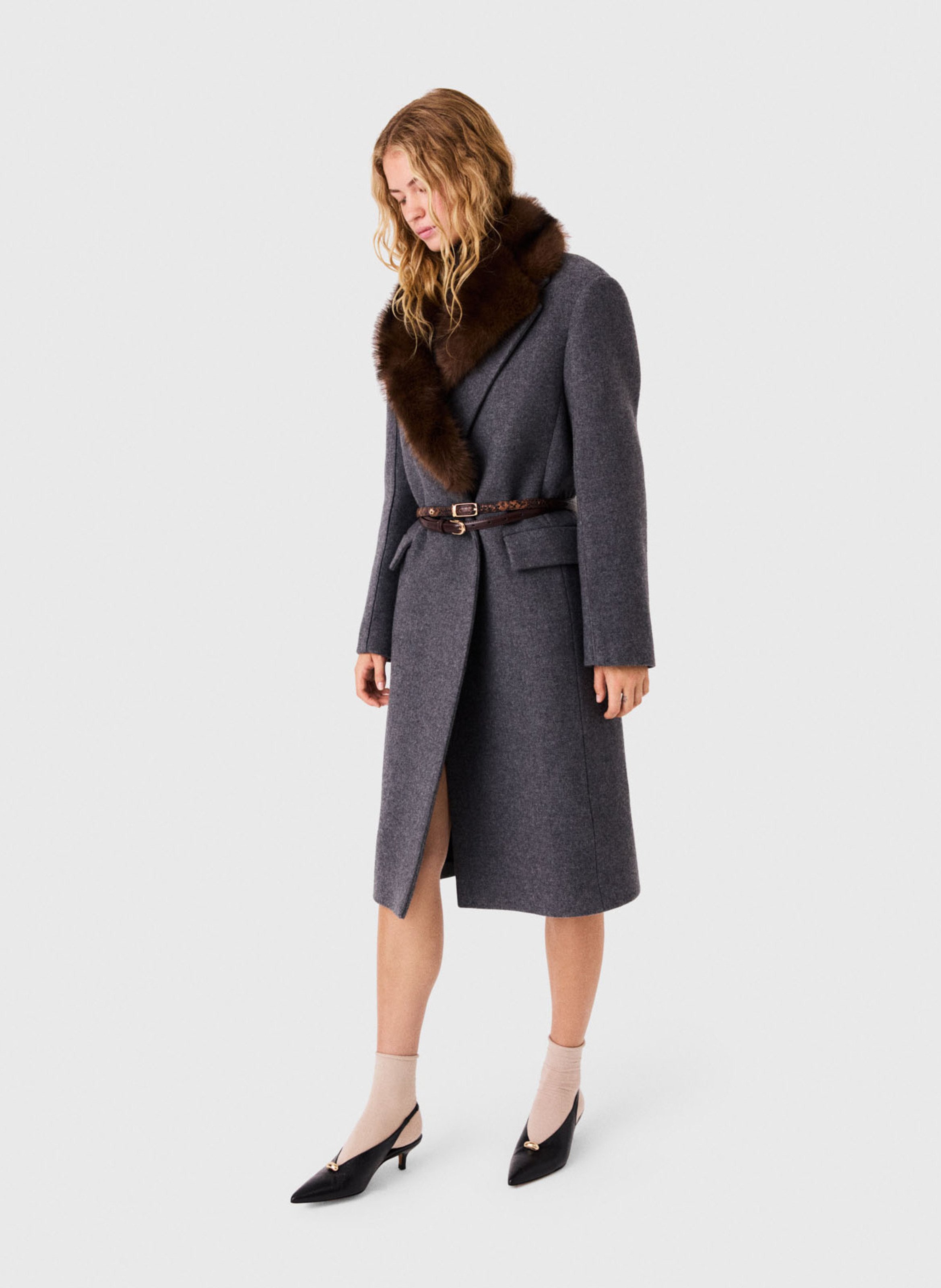 Manteau ceinture à col amovible en laine mélangée MAJE Gris