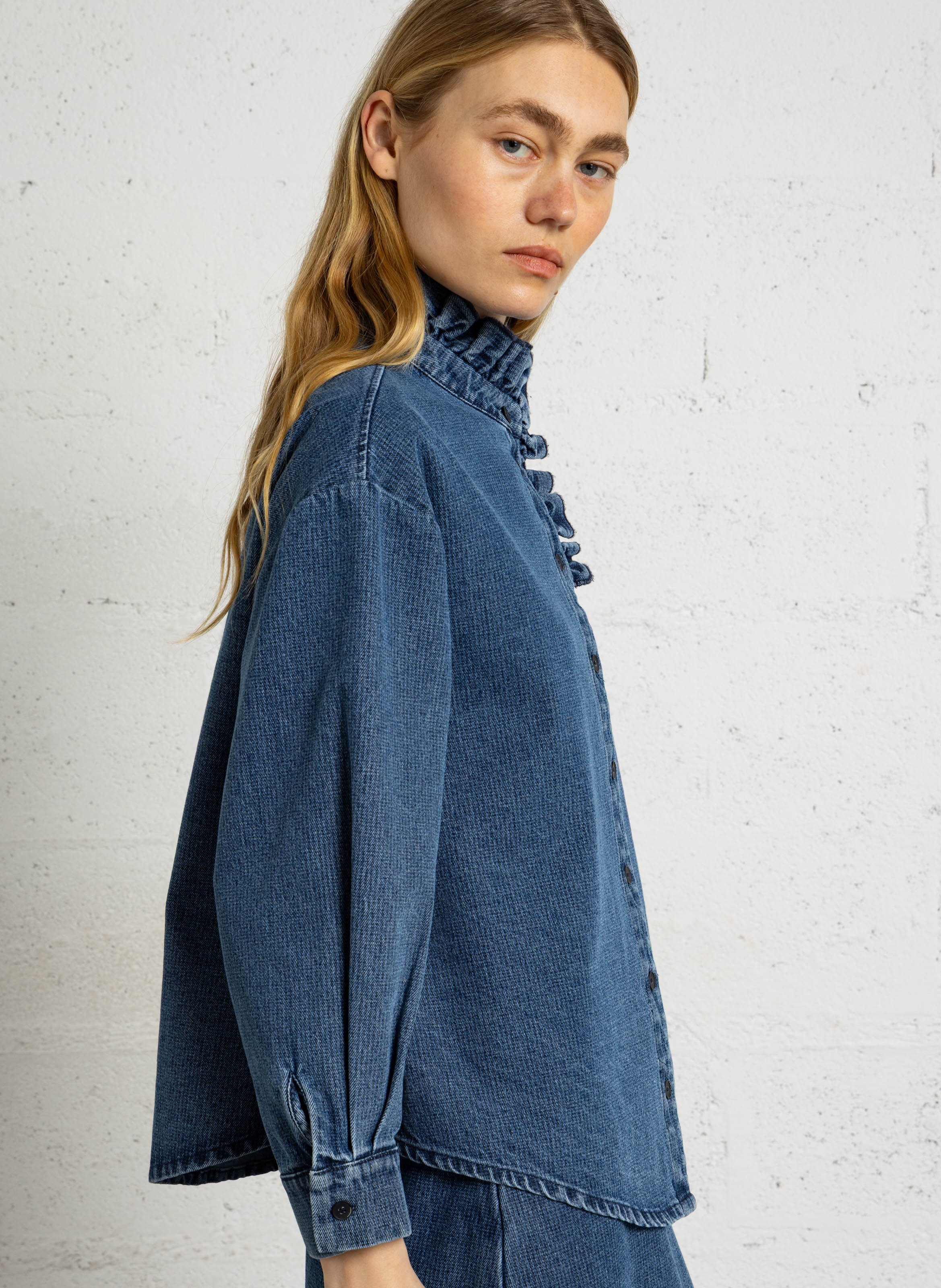 High-neck cotton denim shirt SUZIE WINKLE Blue