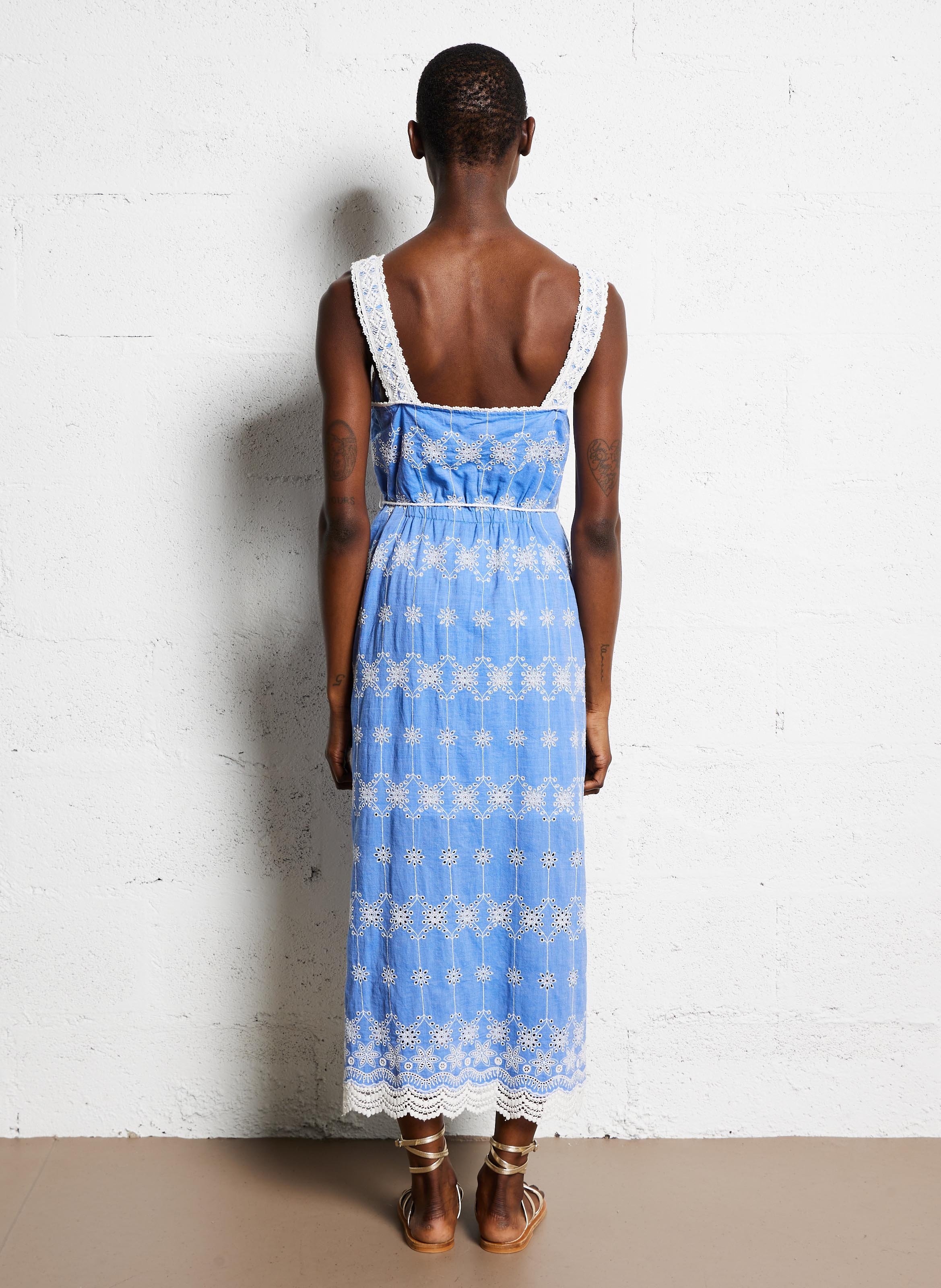 Square neck embroidered organic cotton midi dress Blue
