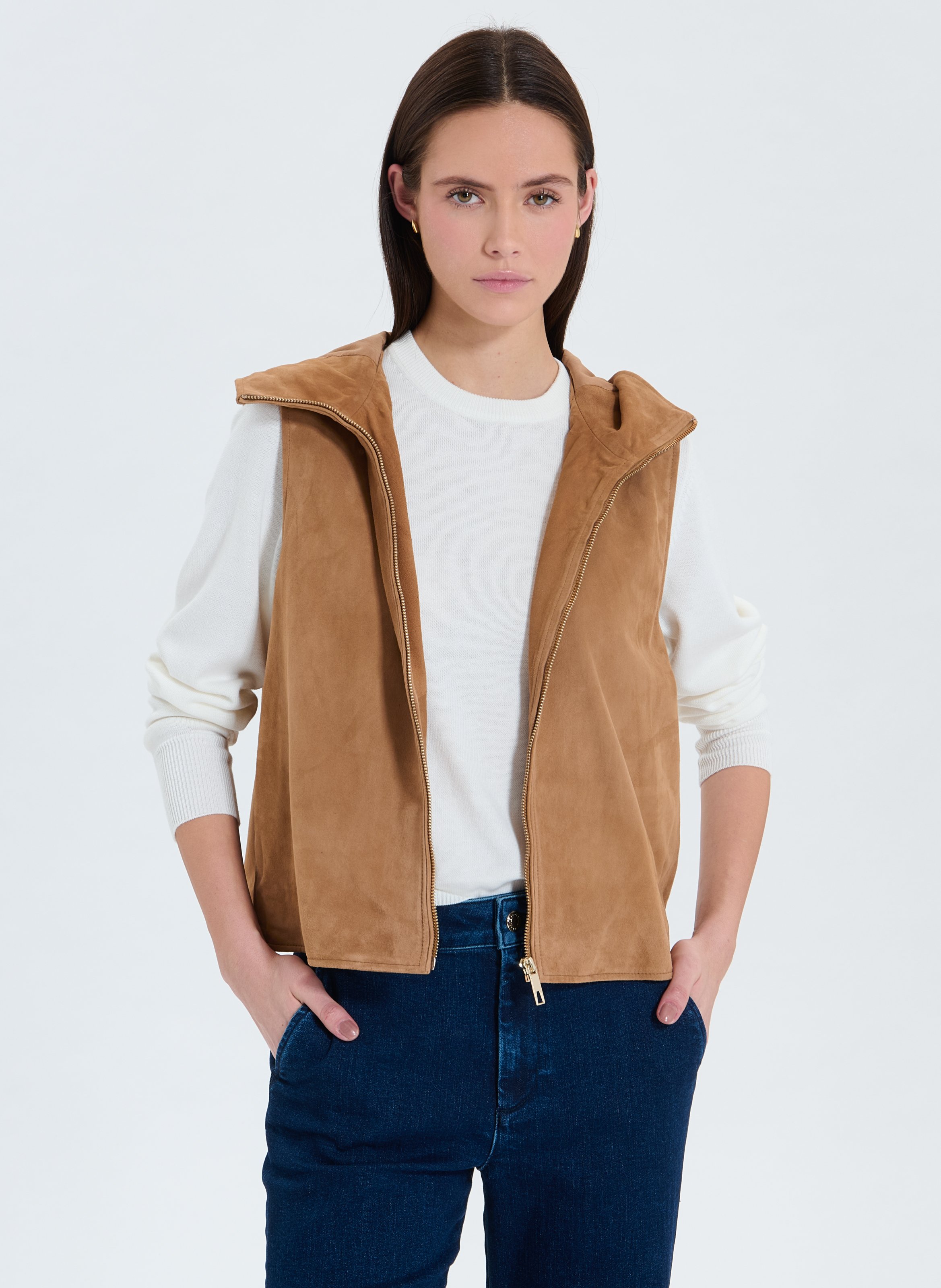 Straight suede leather vest Beige Zapa - Women VGIL45V740