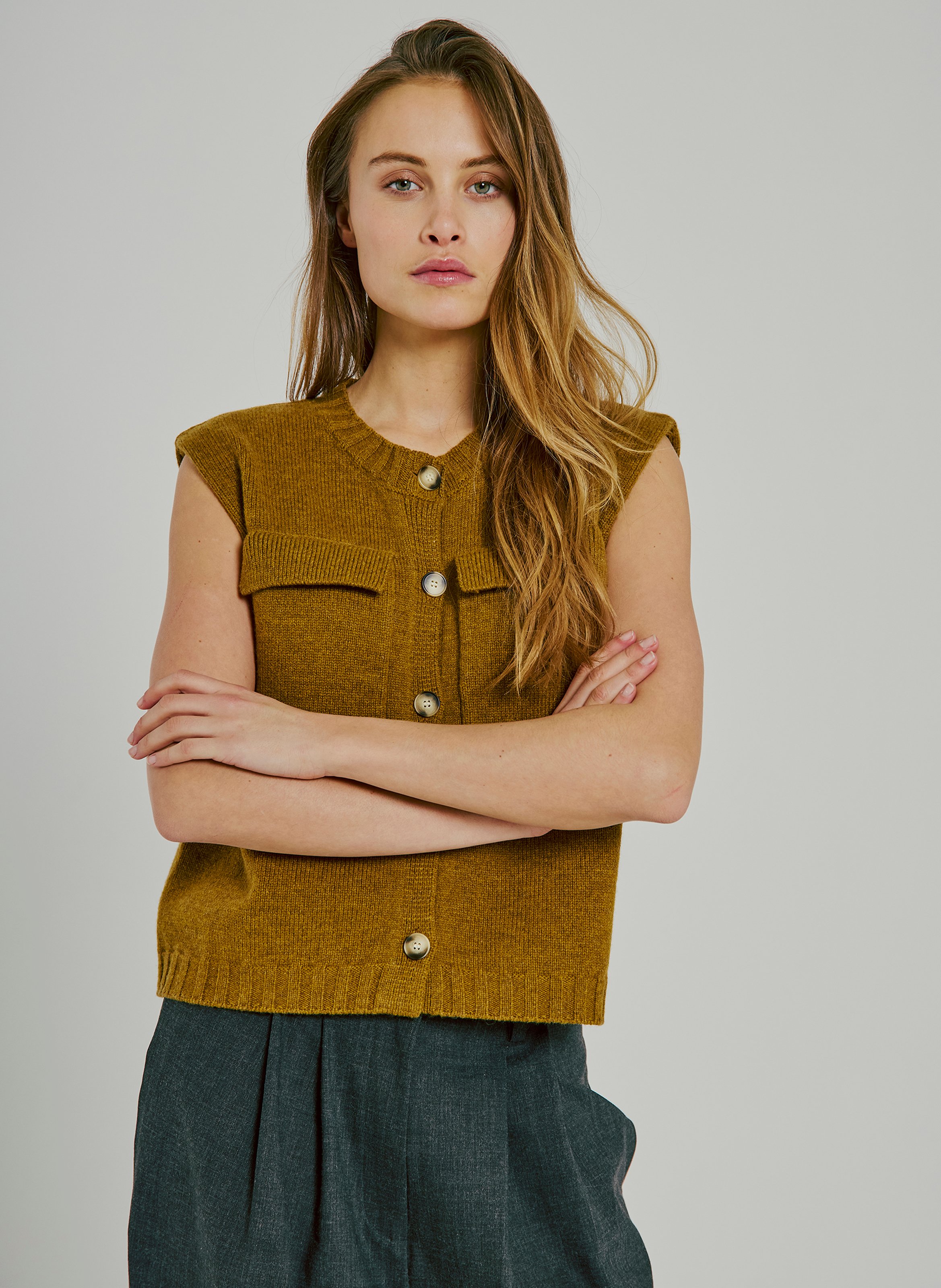 Straight round-neck wool cardigan NORR Green