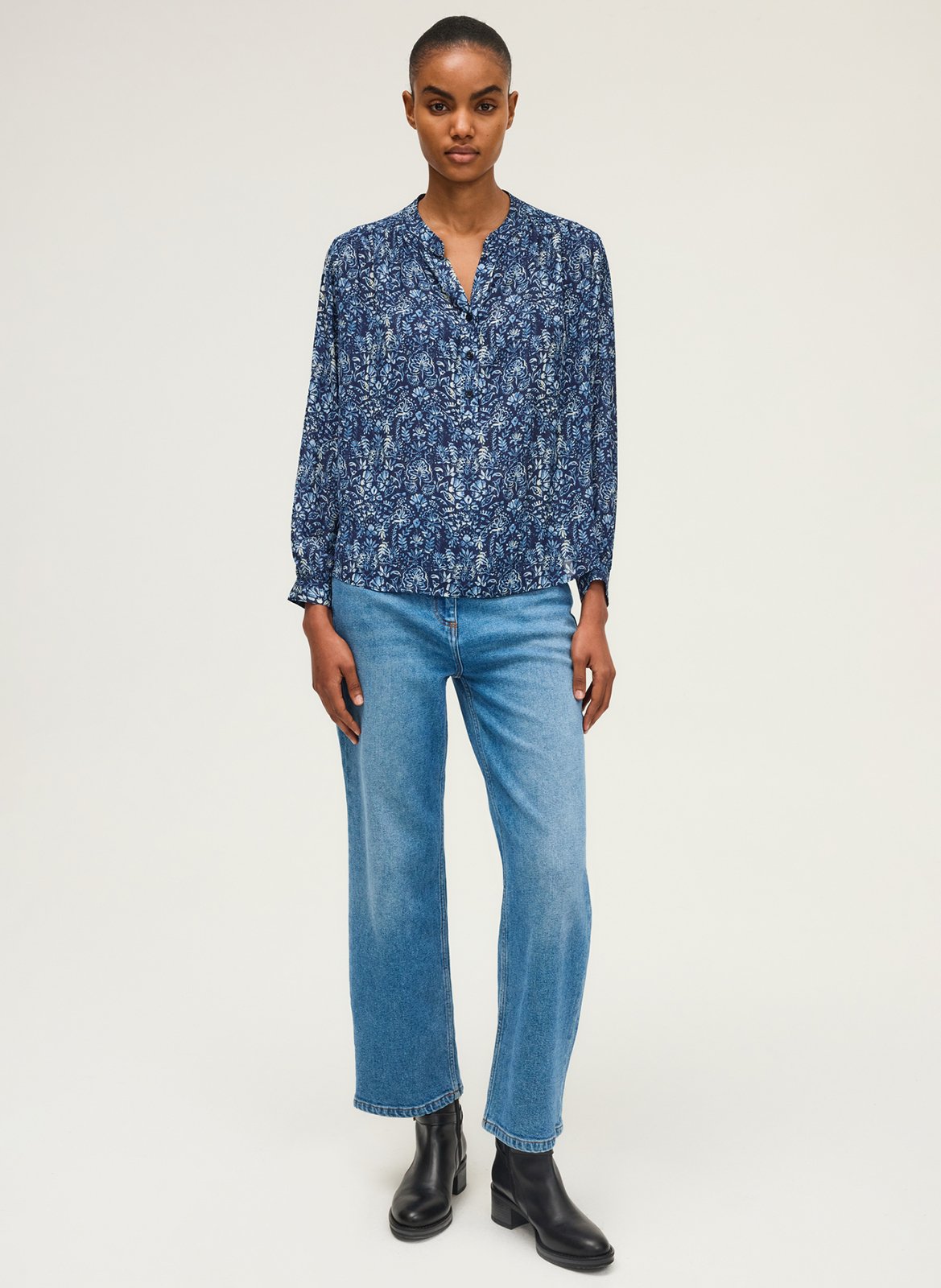 Blouse col tunisien imprimée PABLO Bleu