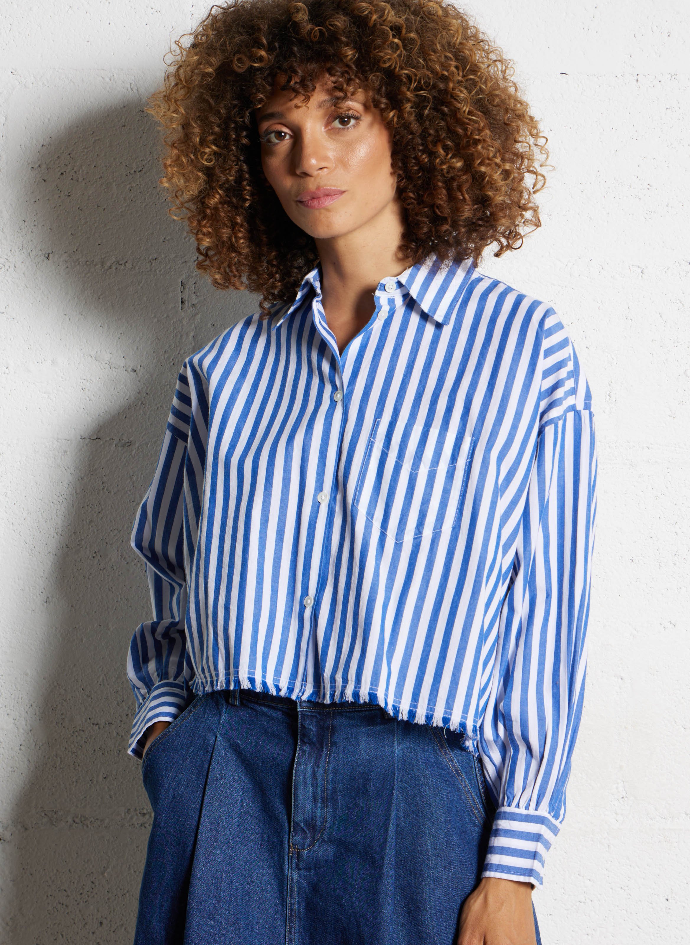 Chemise rayée courte en coton BELLEROSE Bleu