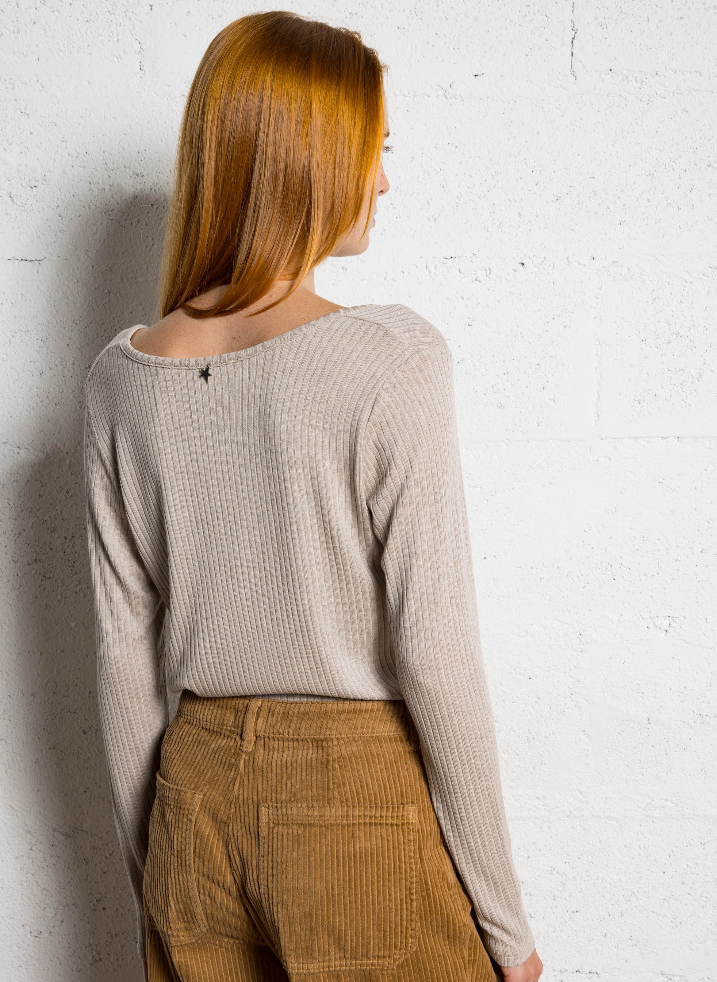 Soft long-sleeve V-neck t-shirt SUD EXPRESS Beige