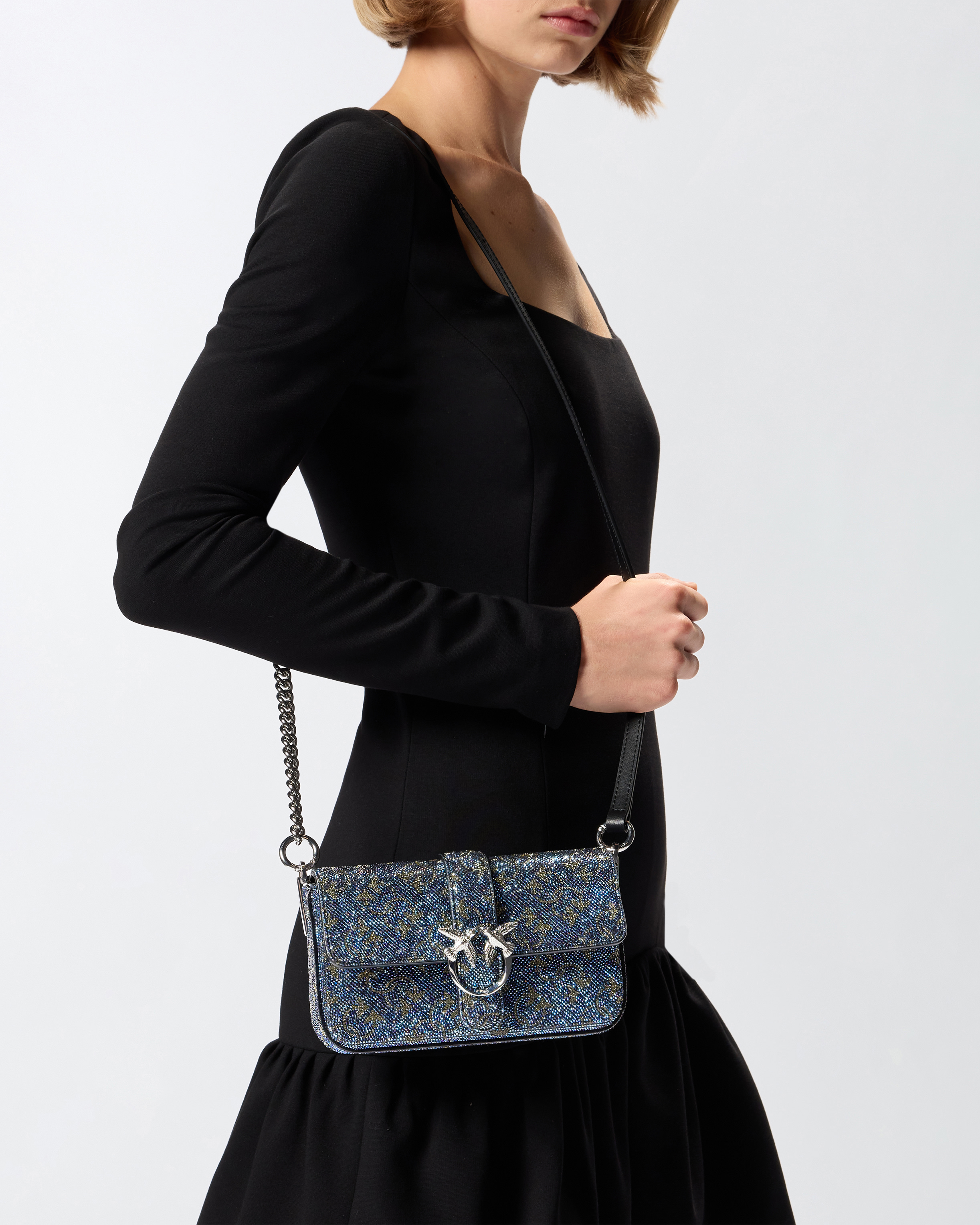 Shoulder bag "Baby Love Bag Slouchy" in leather with rhinestones PINKO Multicolored