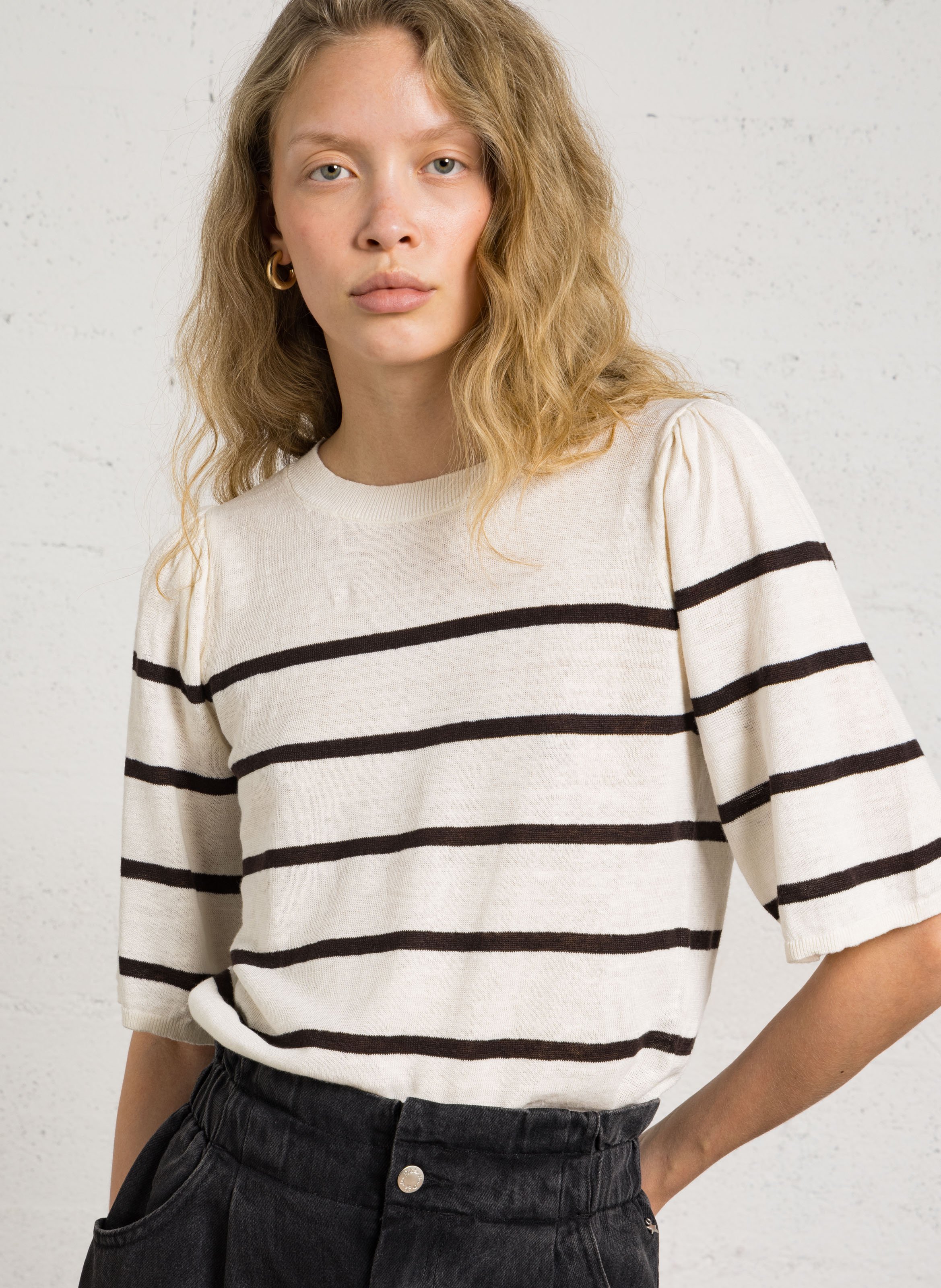 Striped round-neck sweater DES PETITS HAUTS Brown