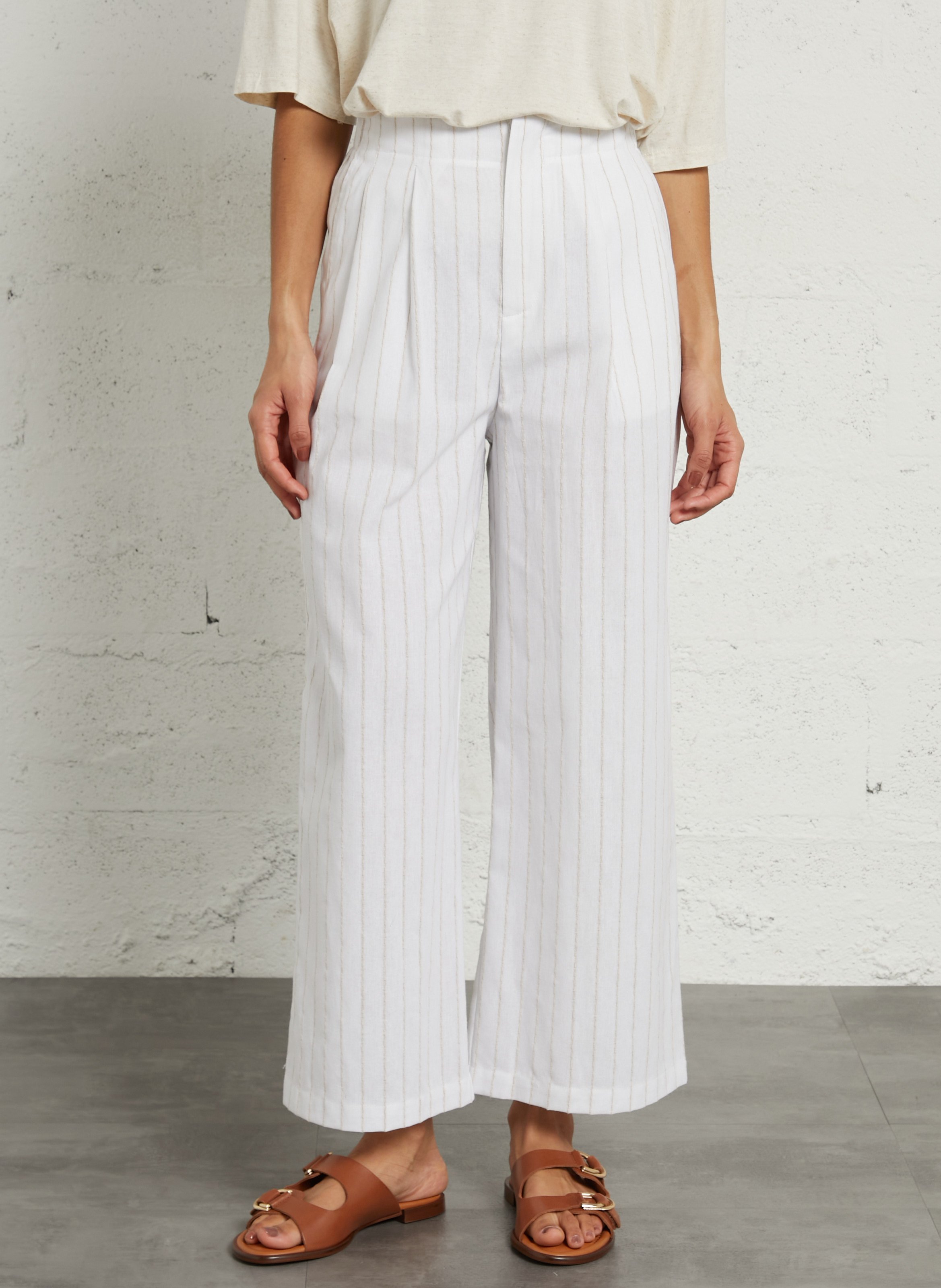 High-waisted wide-leg cotton and linen pants THE KORNER White