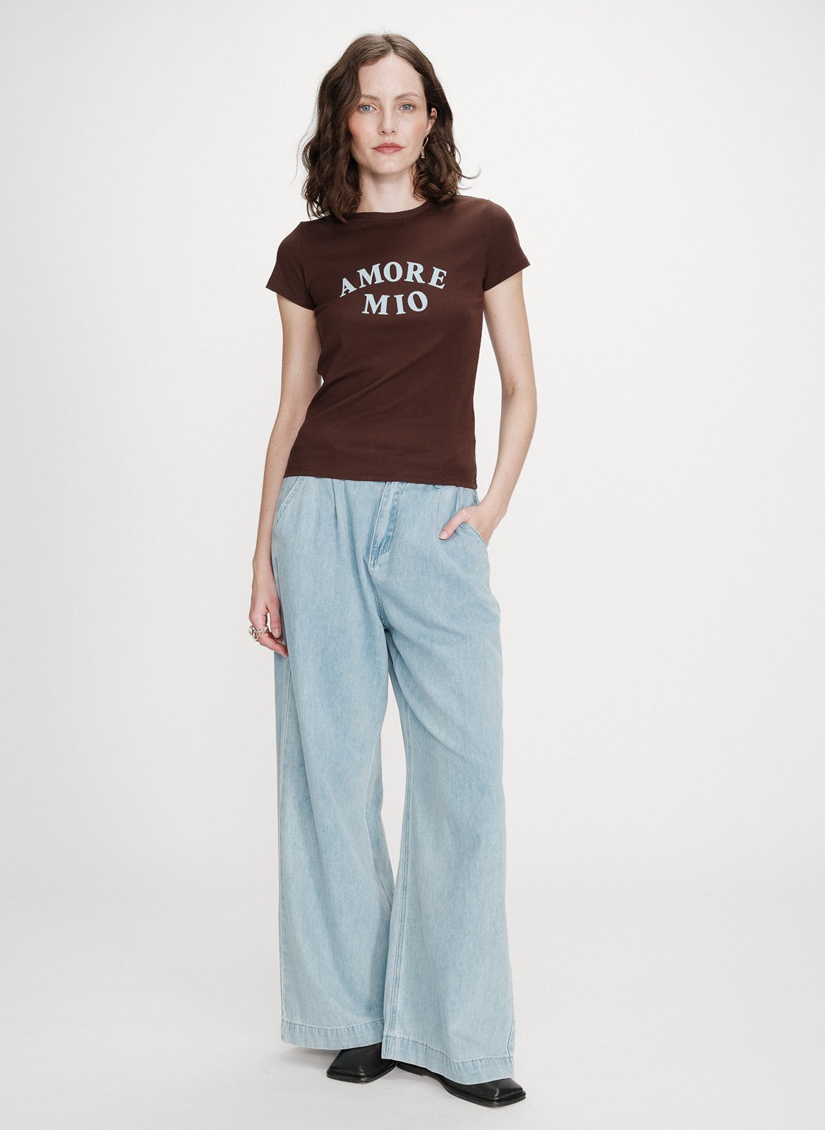 Tee-shirt col rond cintré sérigraphié en coton mélangé GRACE ET MILA Marron