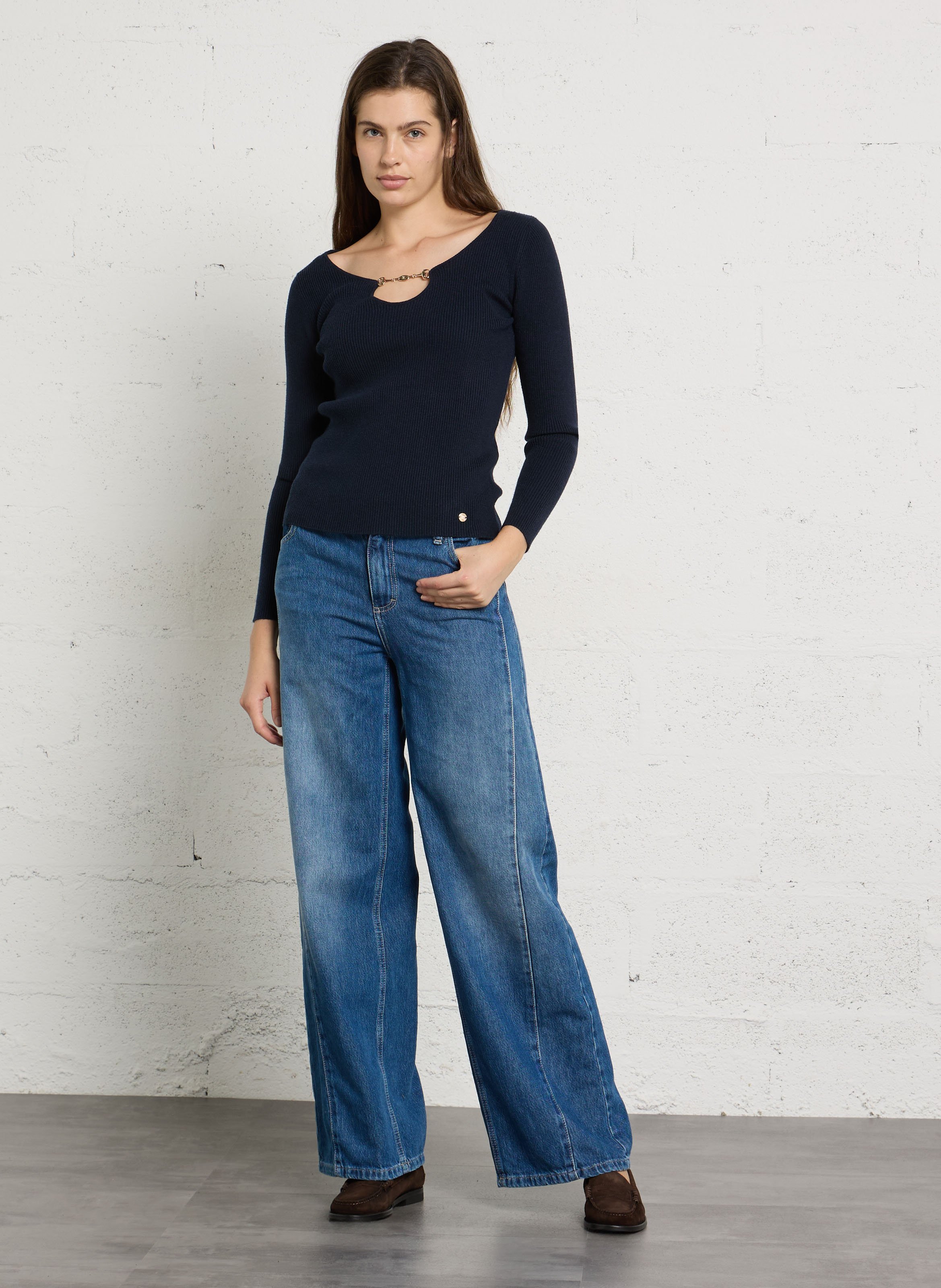Weite Jeans mit Steppnähten aus Baumwollmischung PLEASE Blau