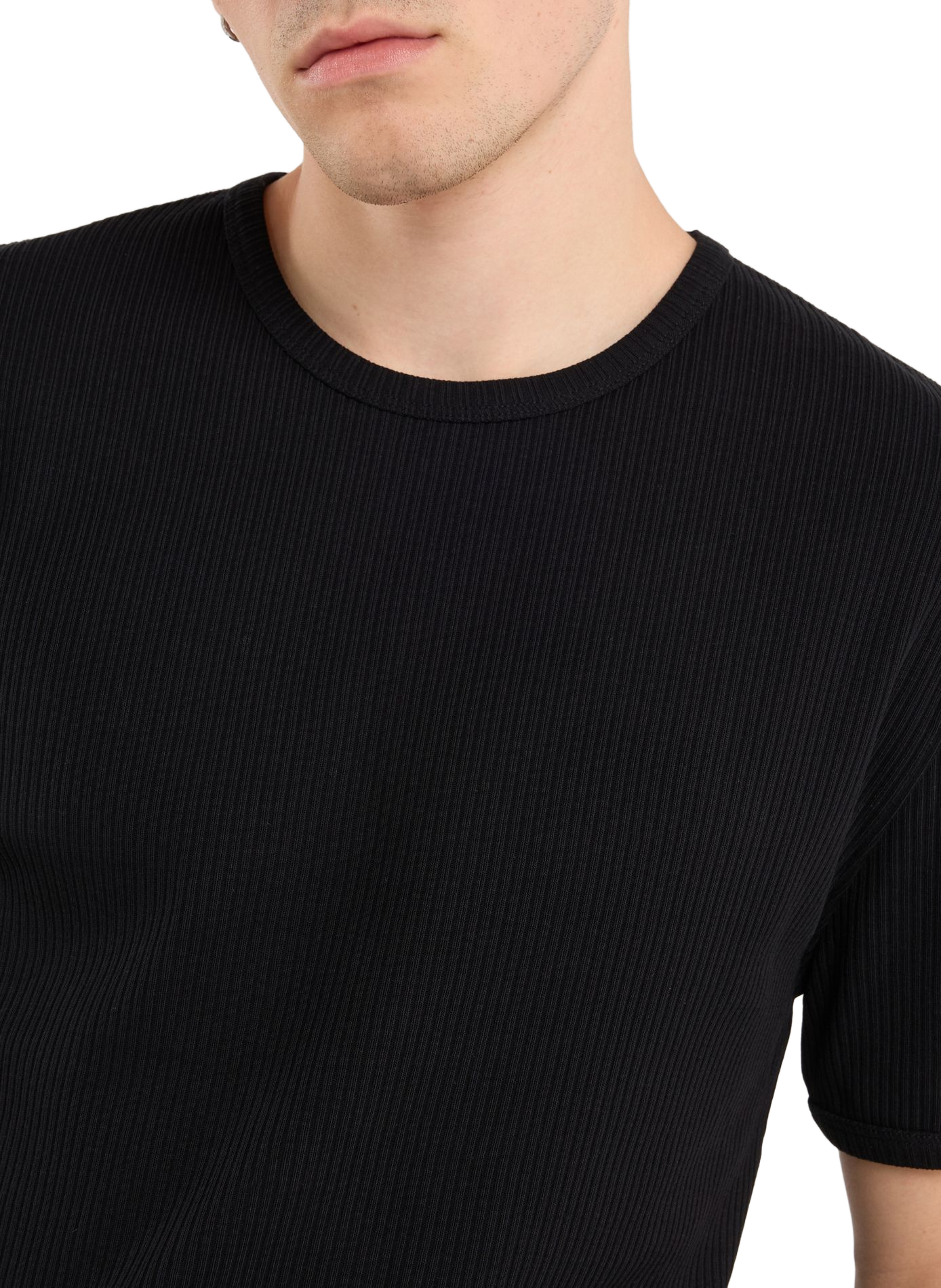 Straight round neck ribbed cotton T-shirt SAISON 1865 Black