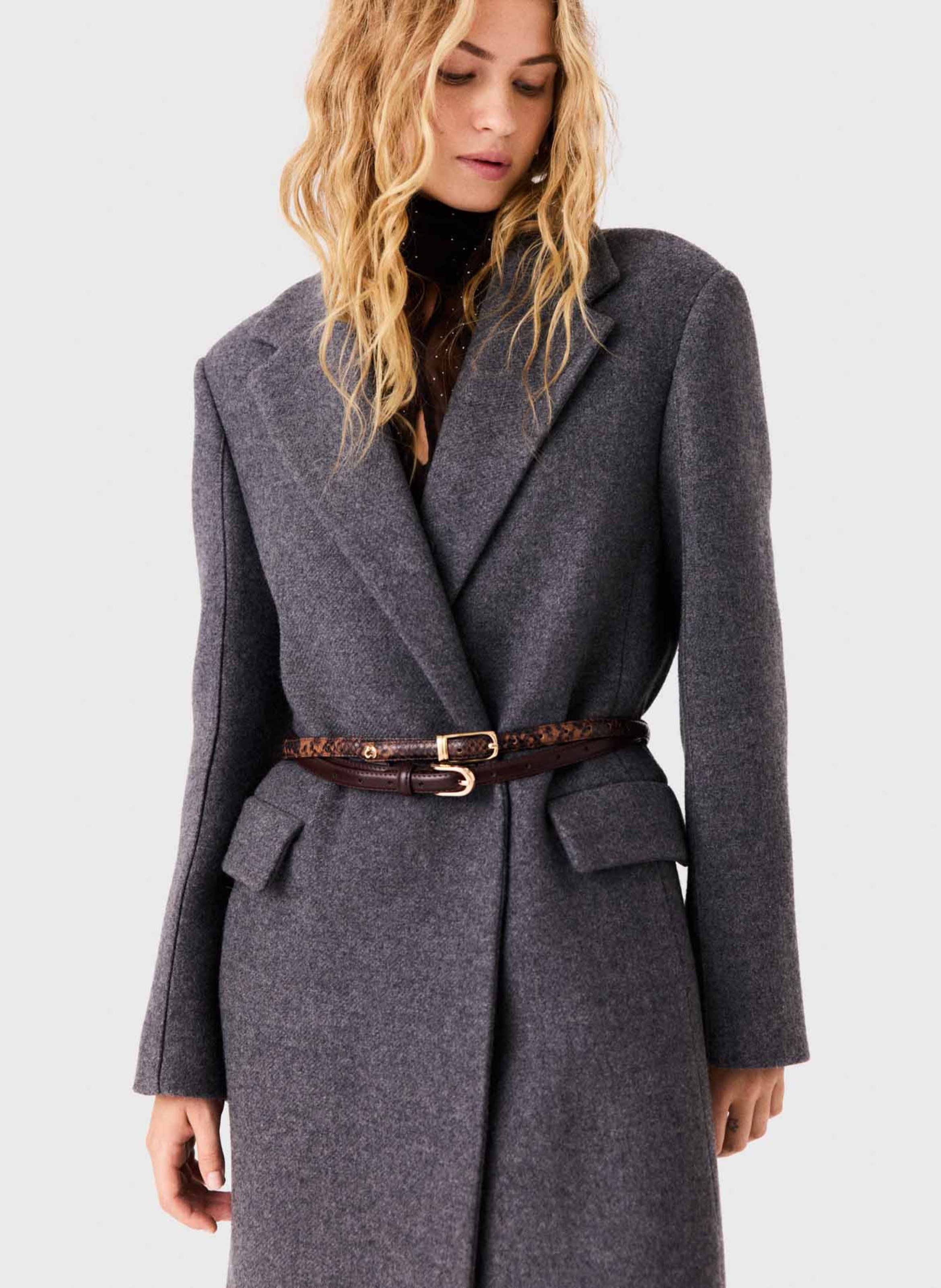 Manteau ceinture à col amovible en laine mélangée MAJE Gris