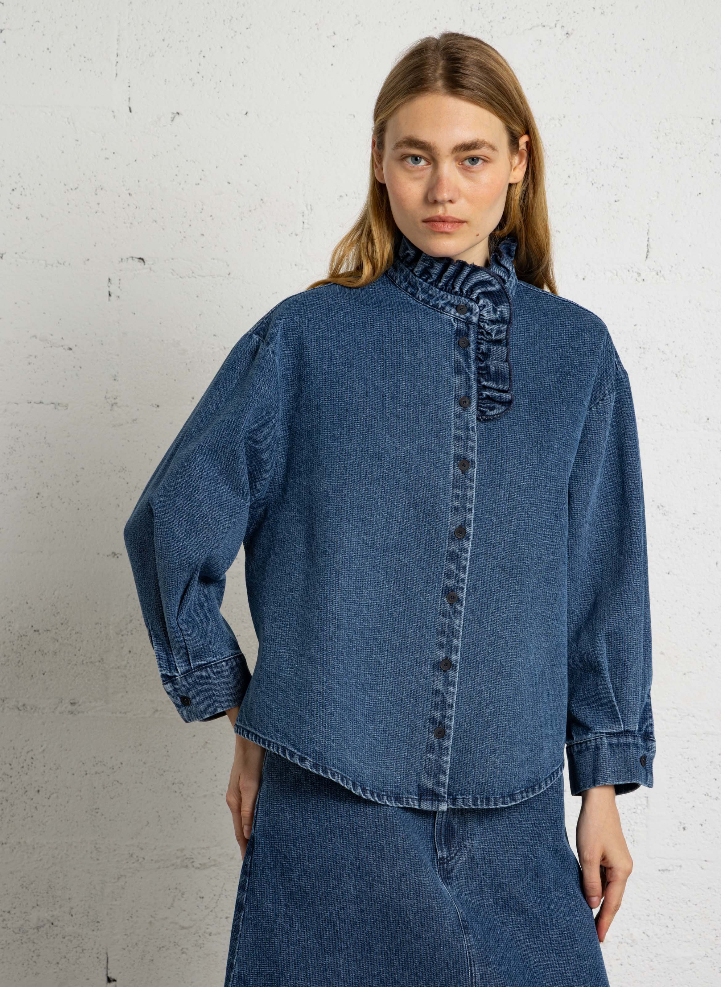 High-neck cotton denim shirt SUZIE WINKLE Blue