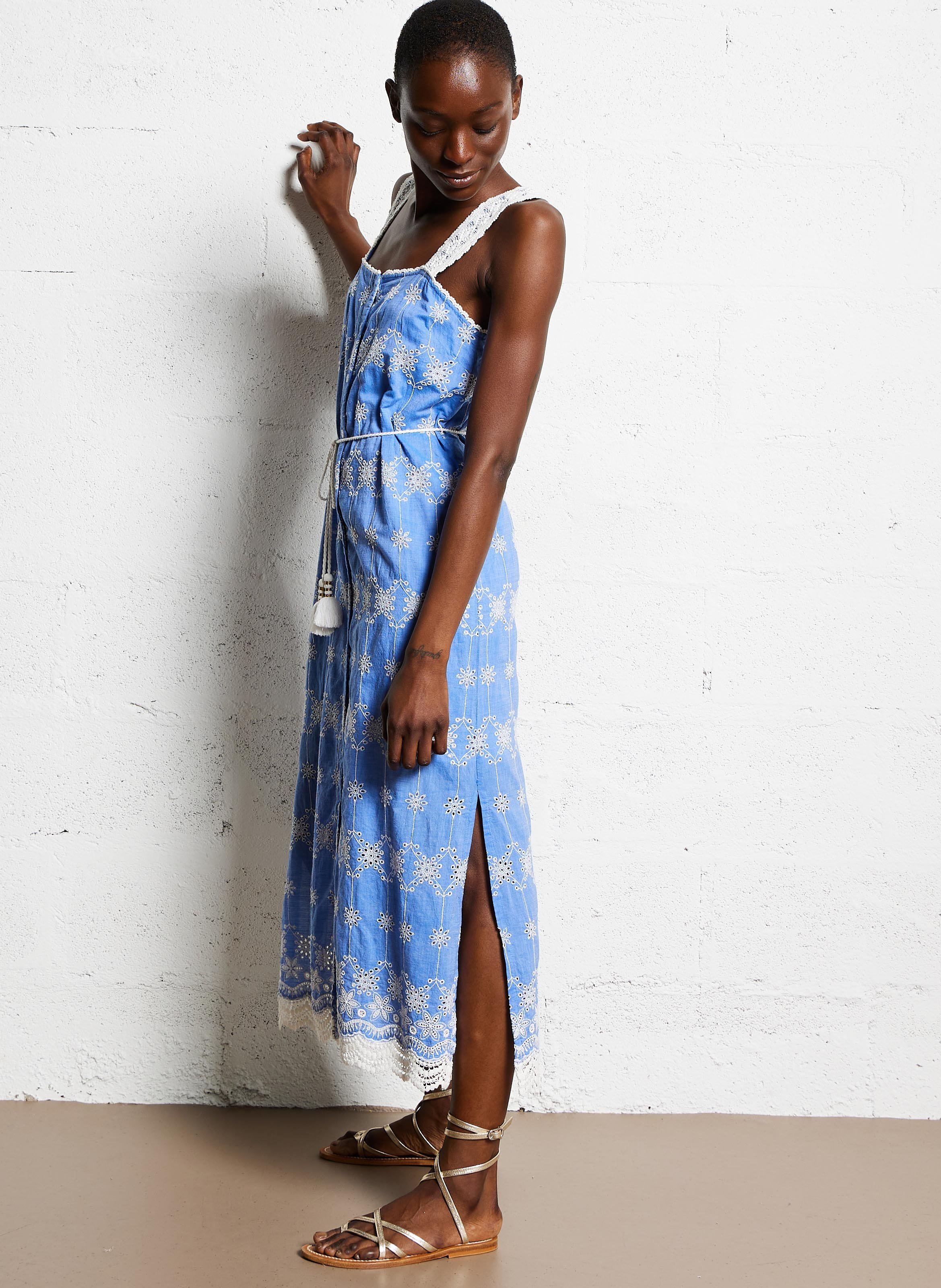 Square neck embroidered organic cotton midi dress Blue