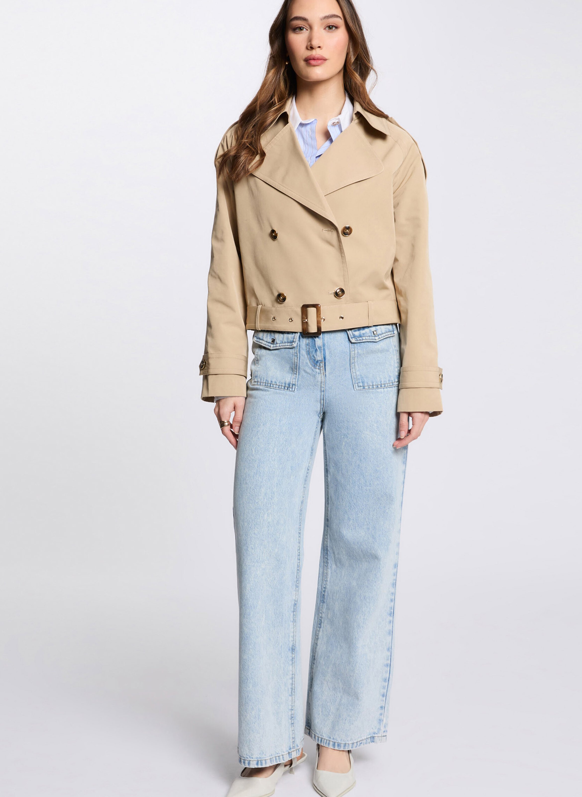 Short buttoned trench coat with belt MORGAN Beige