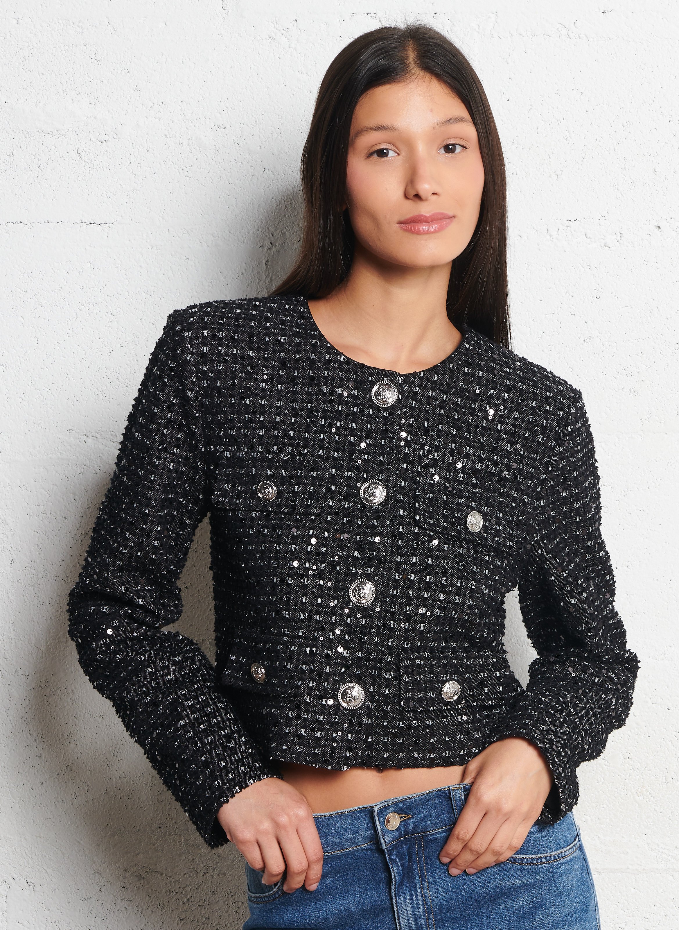 Straight short tweed jacket with sequins Nero Liu Jo - Women