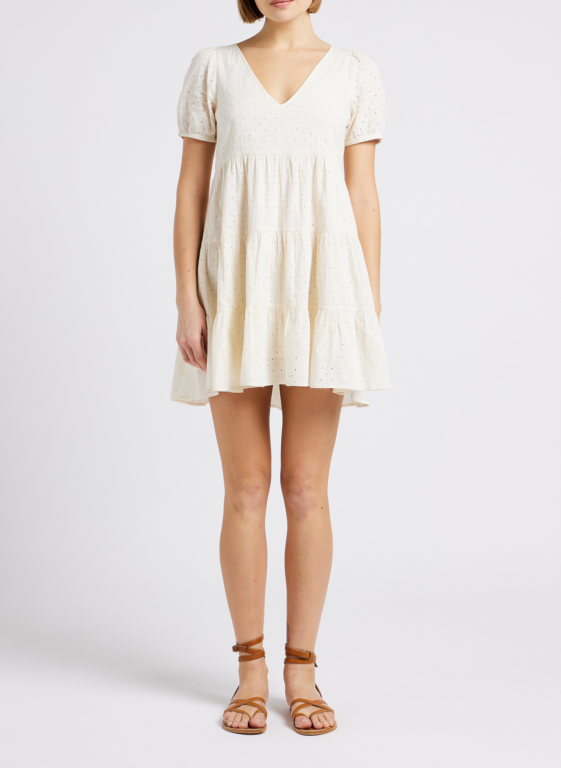 V-neck embroidered cotton A-line dress EMILE ET IDA White