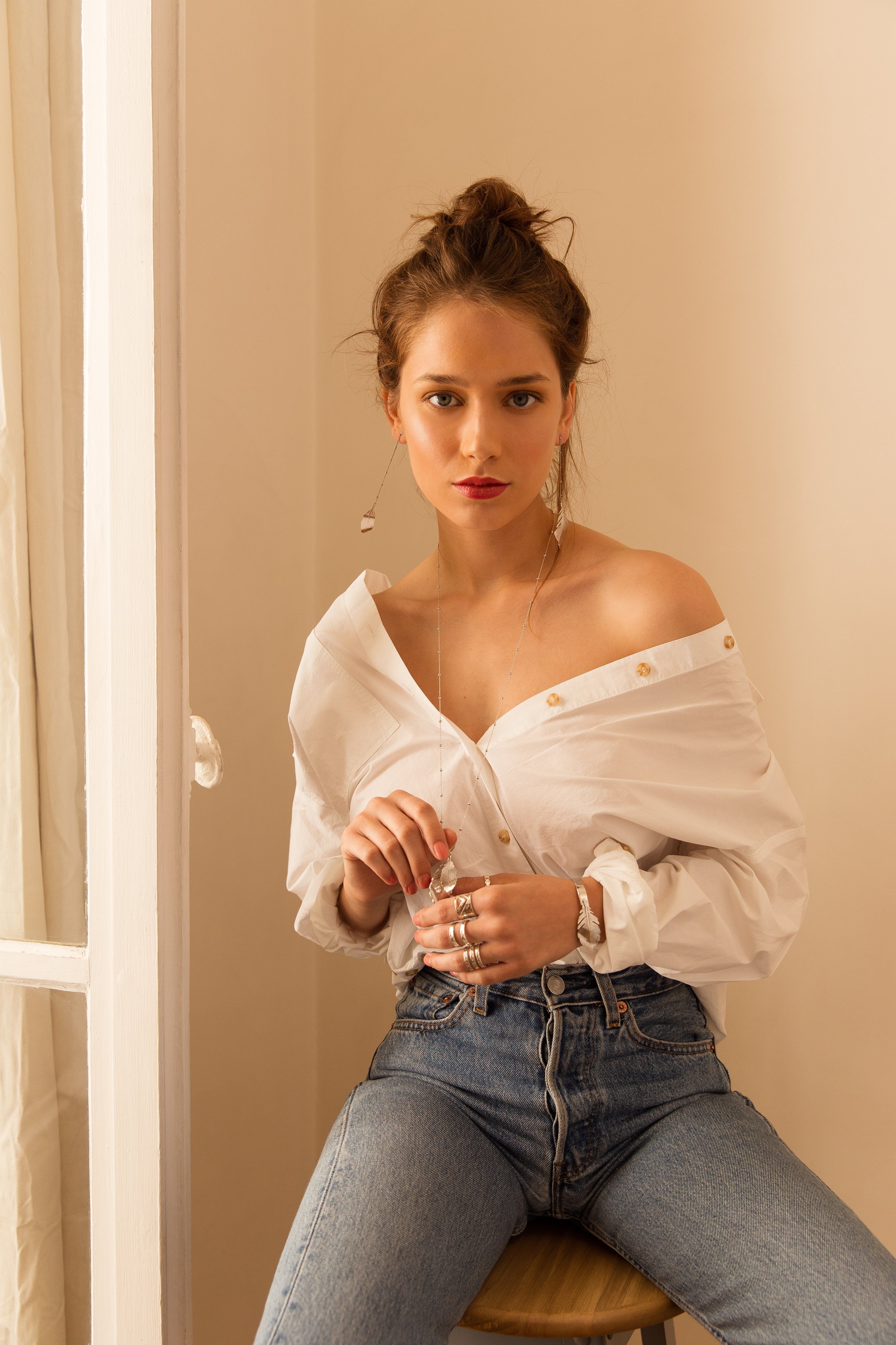 Dangling earrings gold-plated with gold leaves MONSIEUR SIMONE Silver