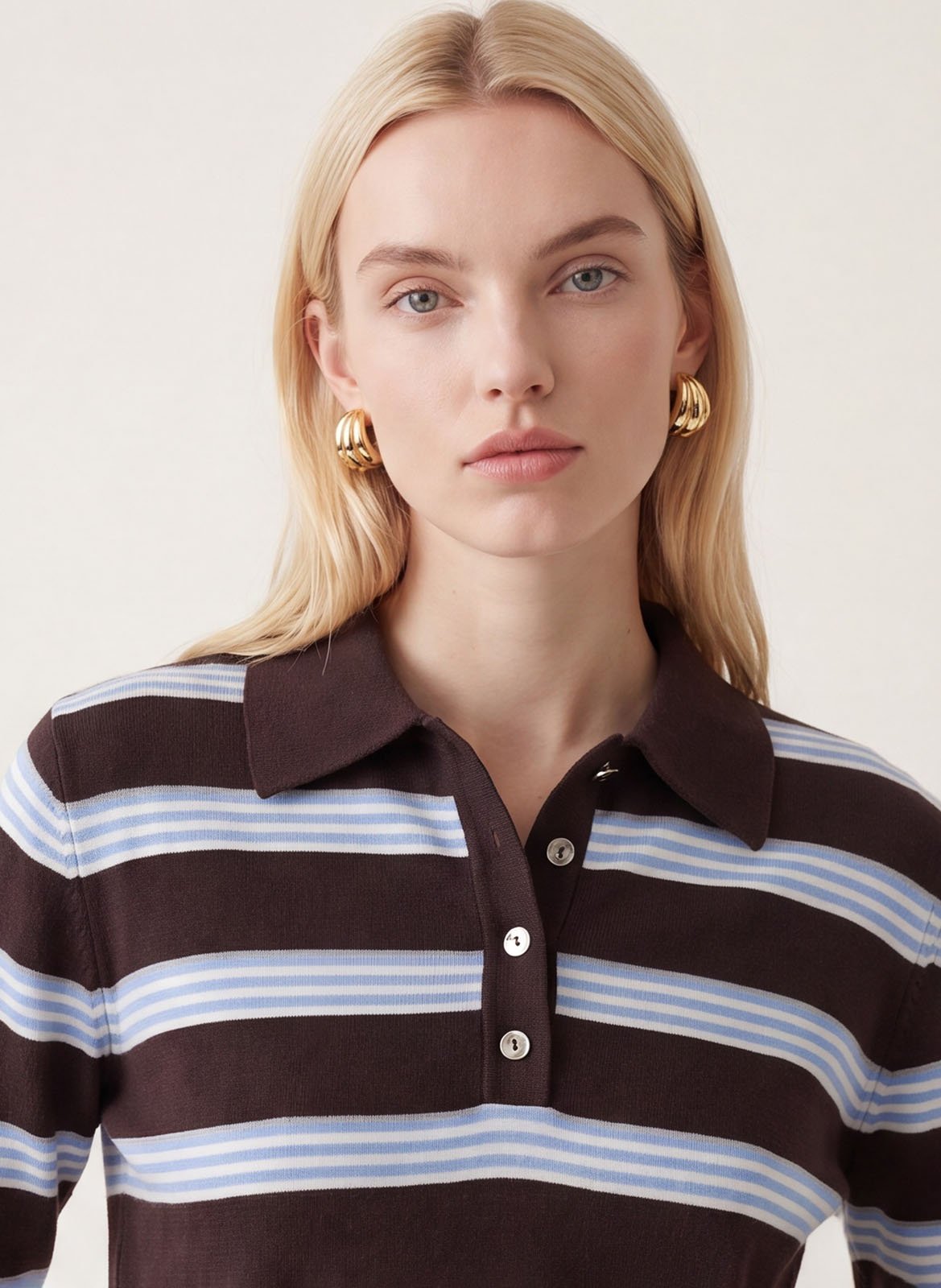 Straight-cut striped polo-collar sweater KOOKAI Brown