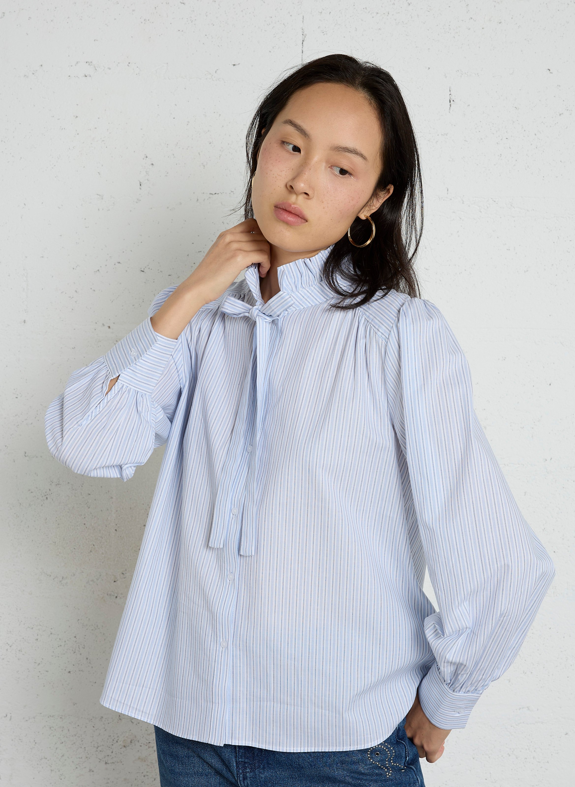 Chemise rayée col à volants en coton SUD EXPRESS Bleu