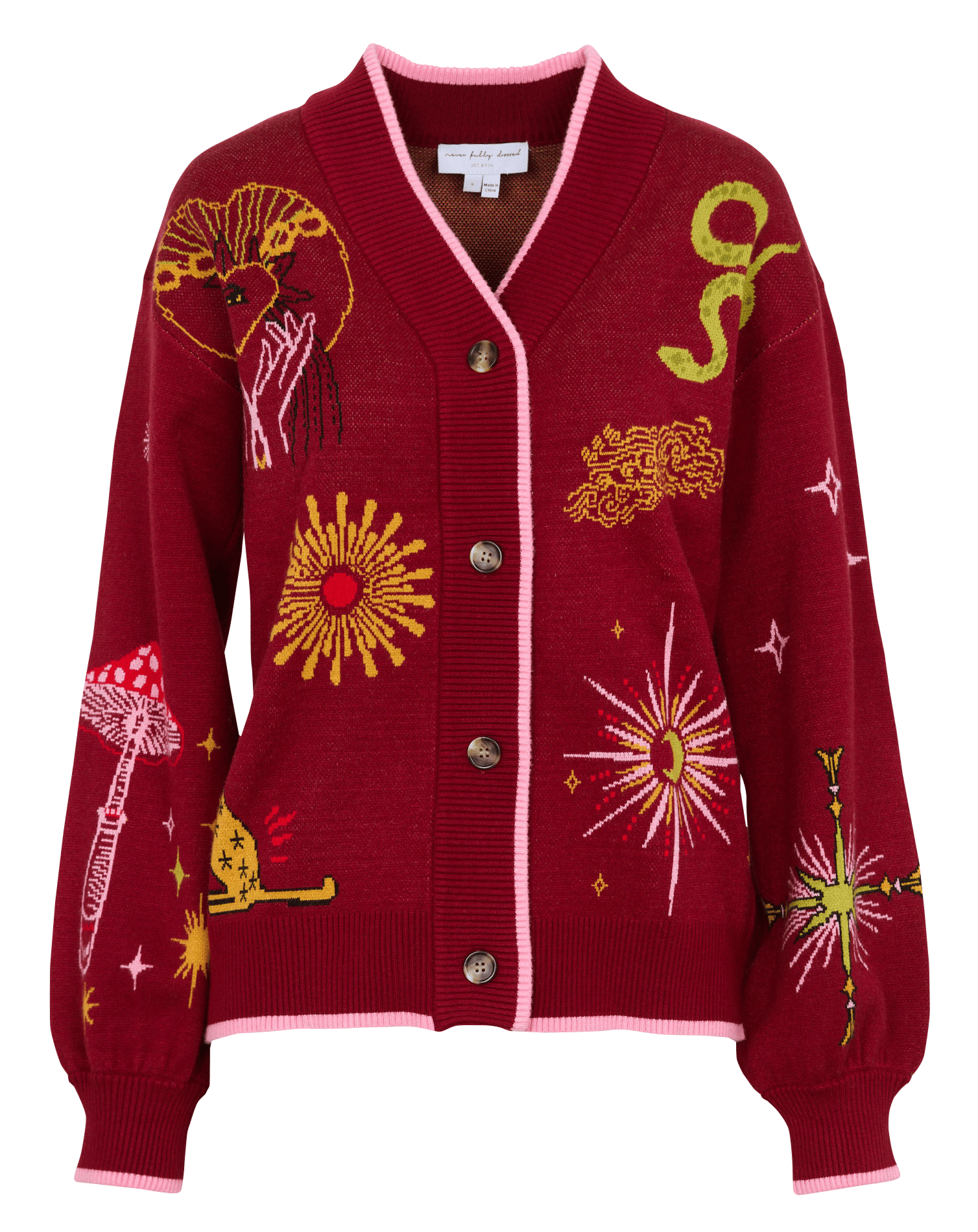 Cardigan droit col v motif jacquard NEVER FULLY DRESSED Rouge