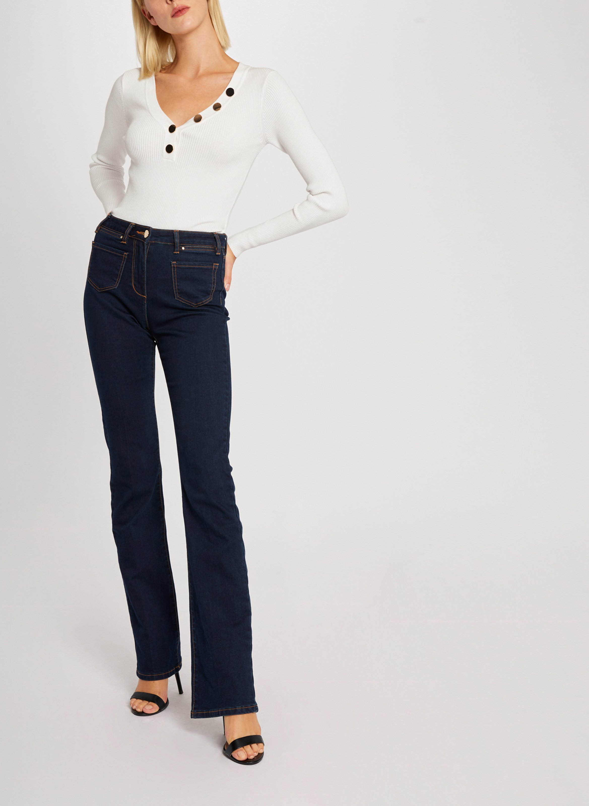 Pull col V boutonné en maille côtelée MORGAN Beige