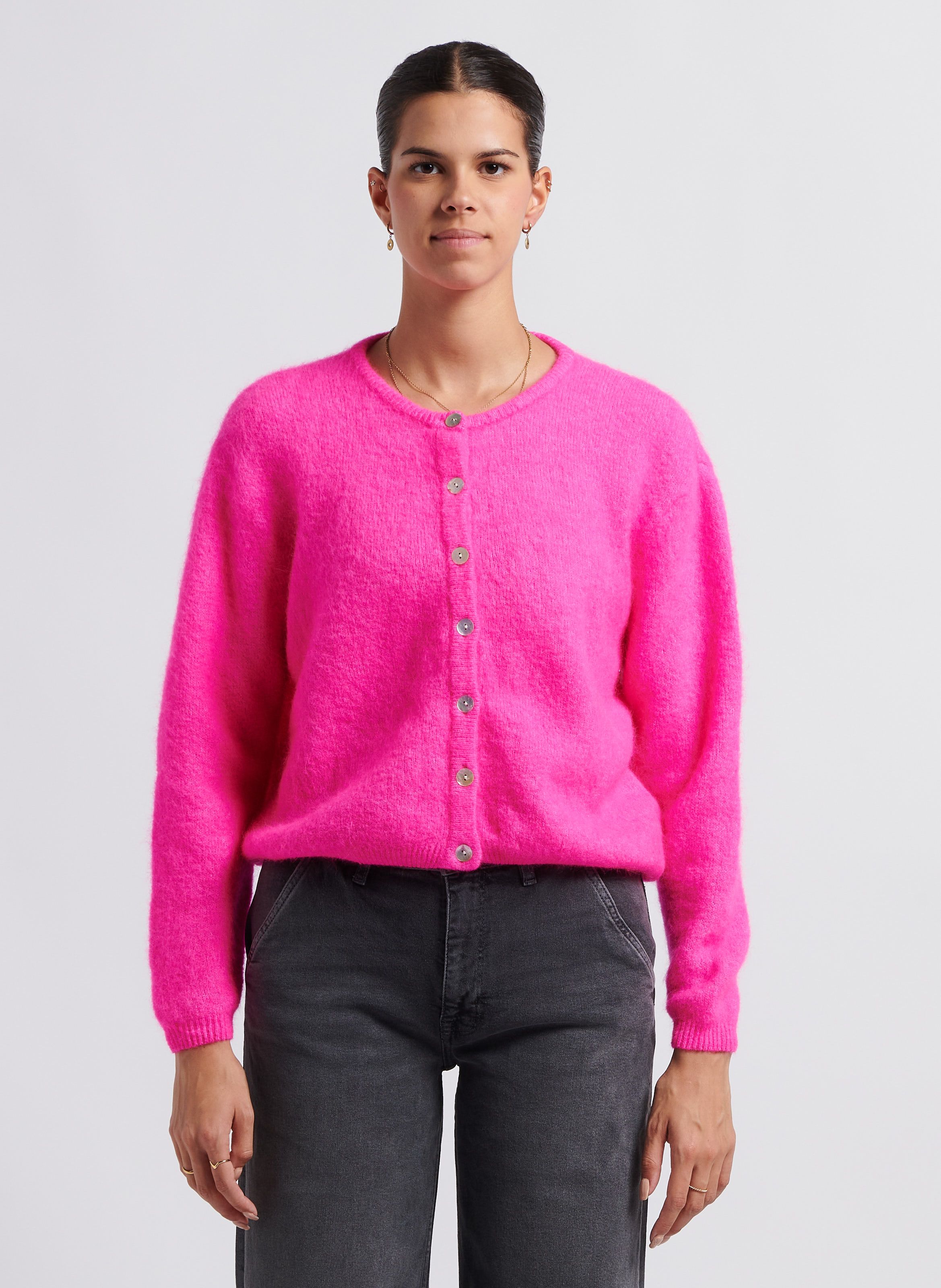 Pink Round neck wool blend cardigan