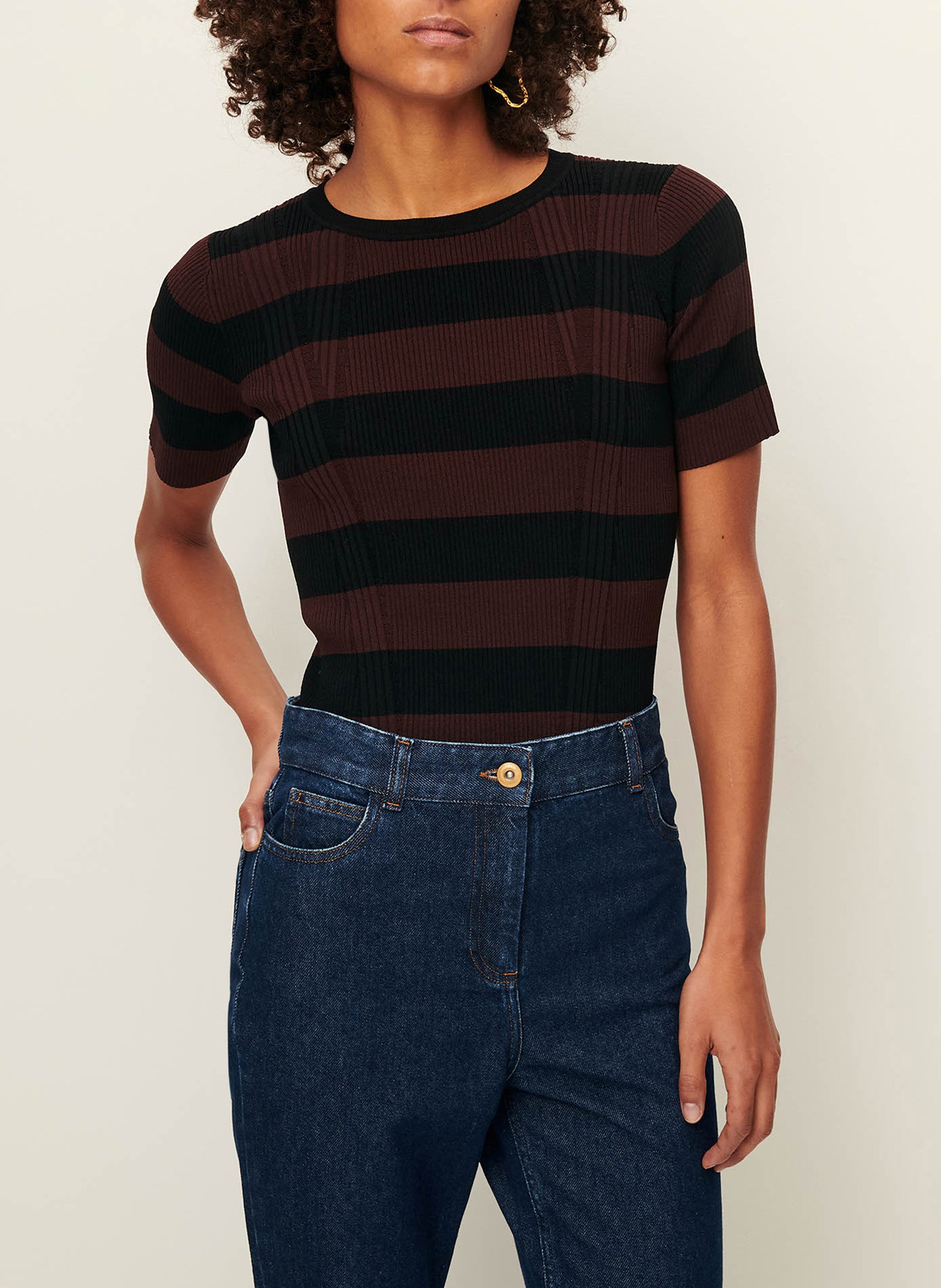 Tee-shirt ajusté en maille rayée SESSUN Noir