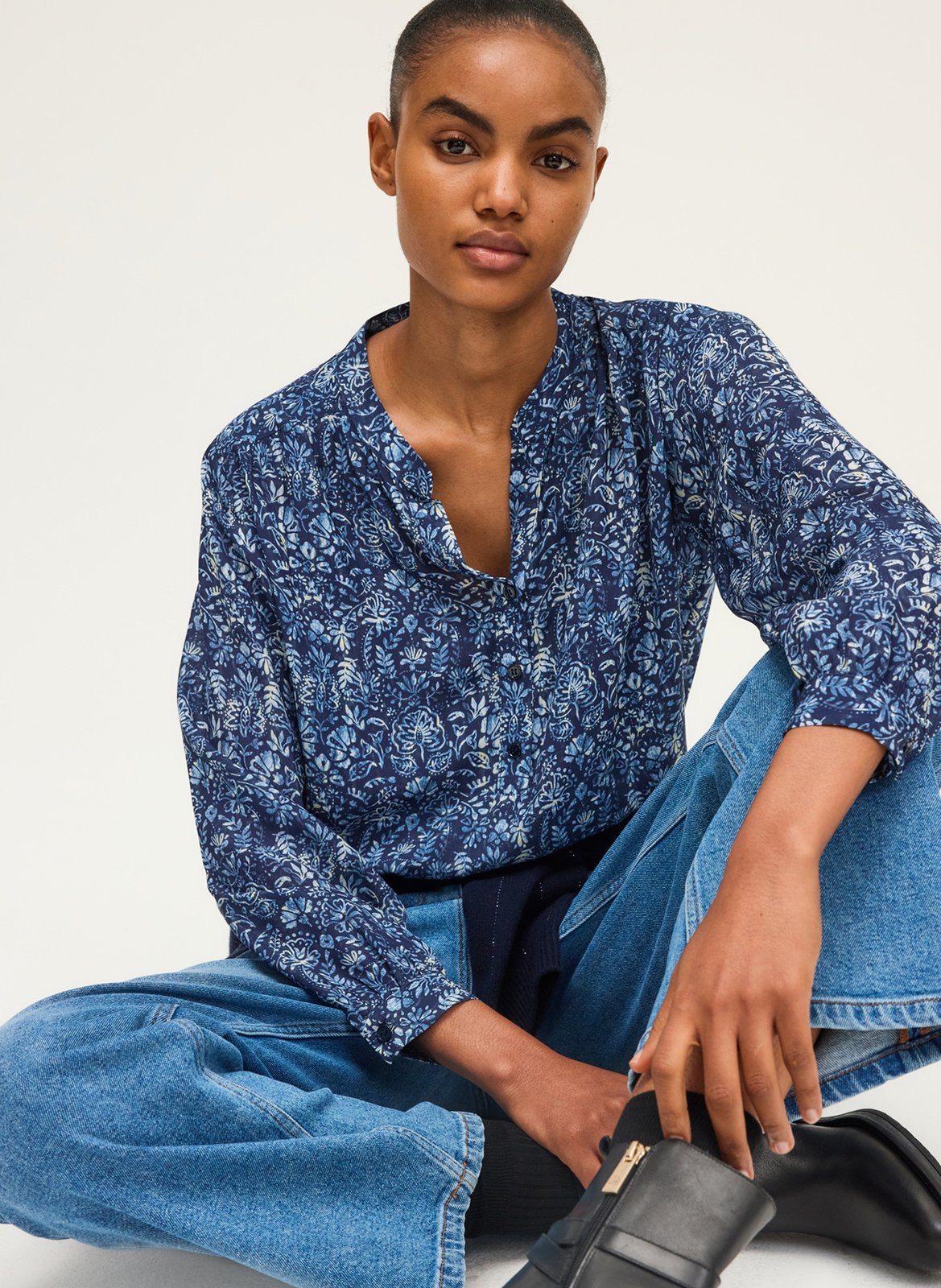 Blouse col tunisien imprimée PABLO Bleu