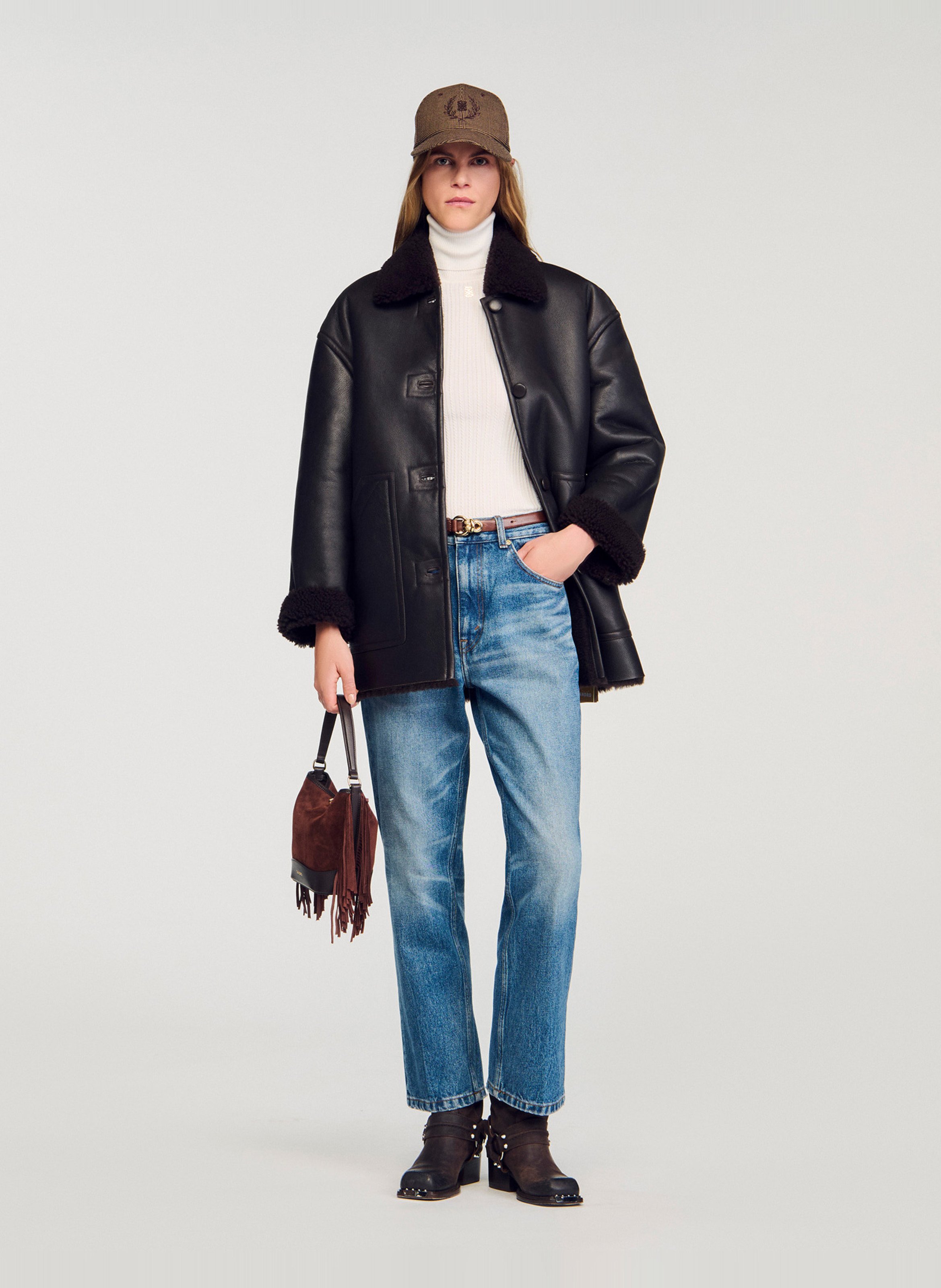 Veste col classique en cuir SANDRO Marron