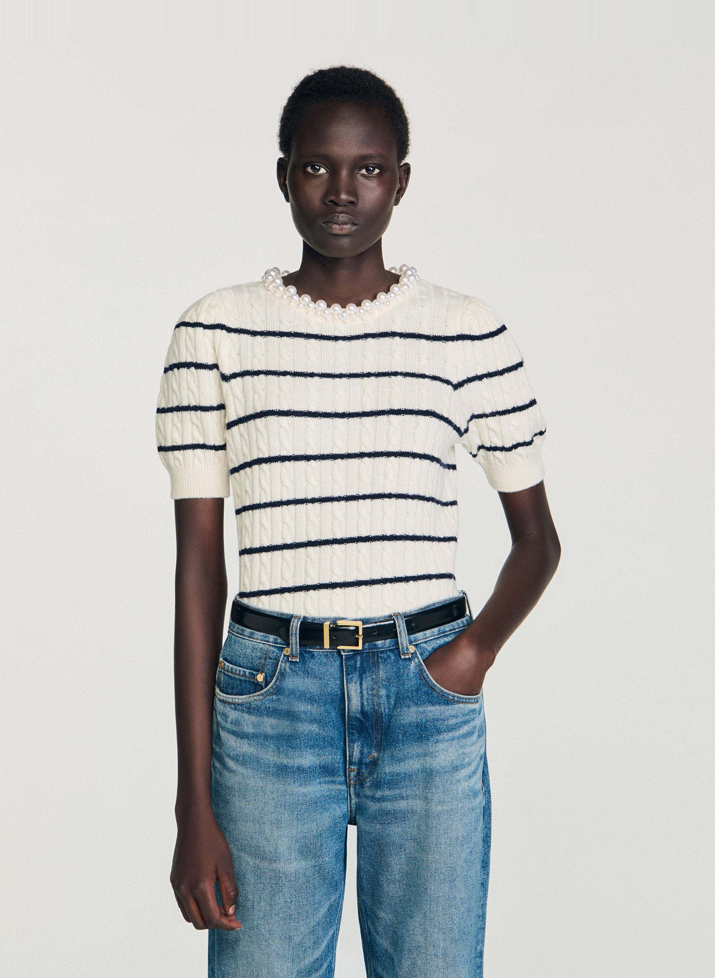 Pull col rond en laine mélangée SANDRO Blanc