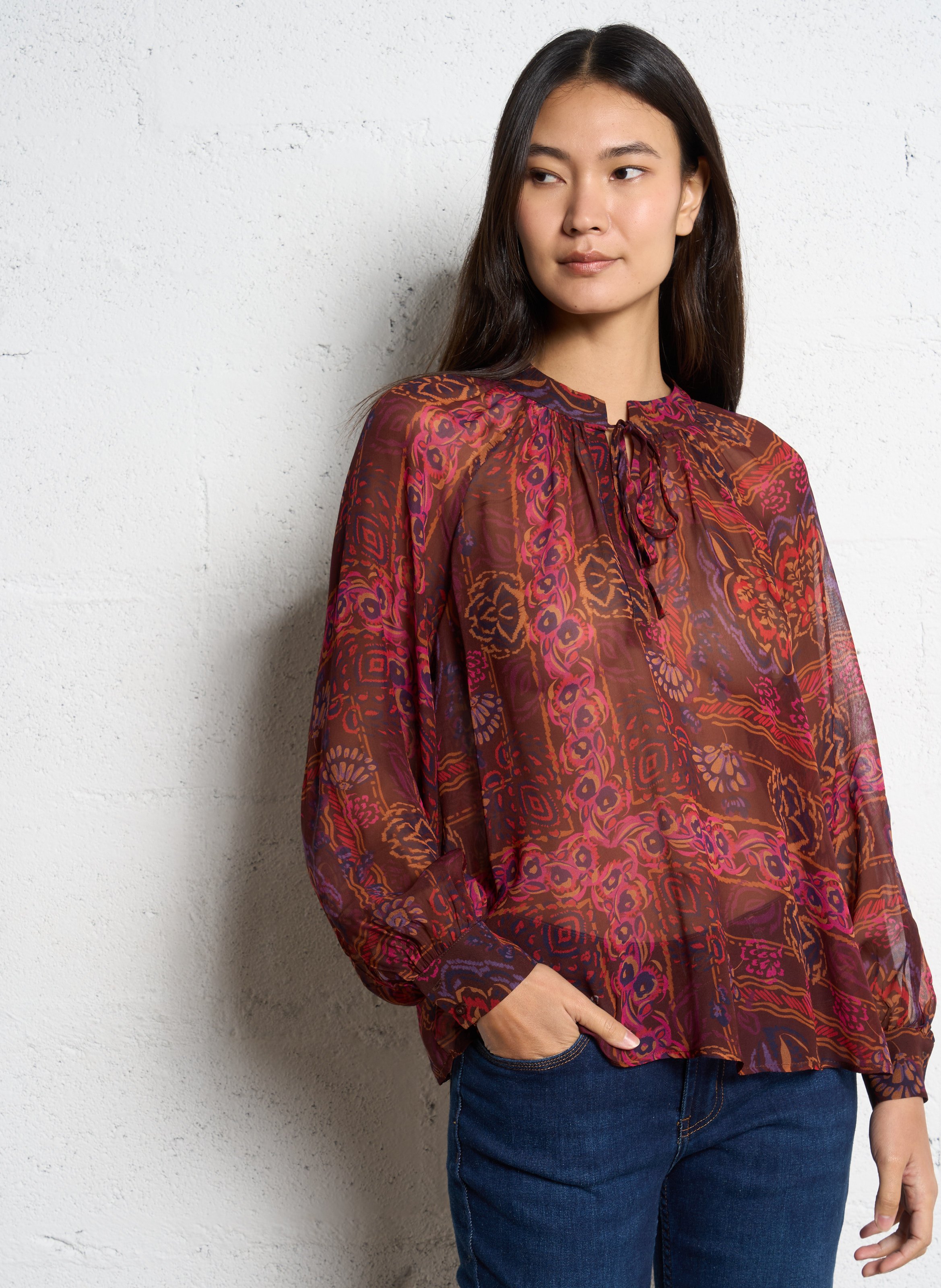 Blouse fluide transparente à motifs SUD EXPRESS Rouge