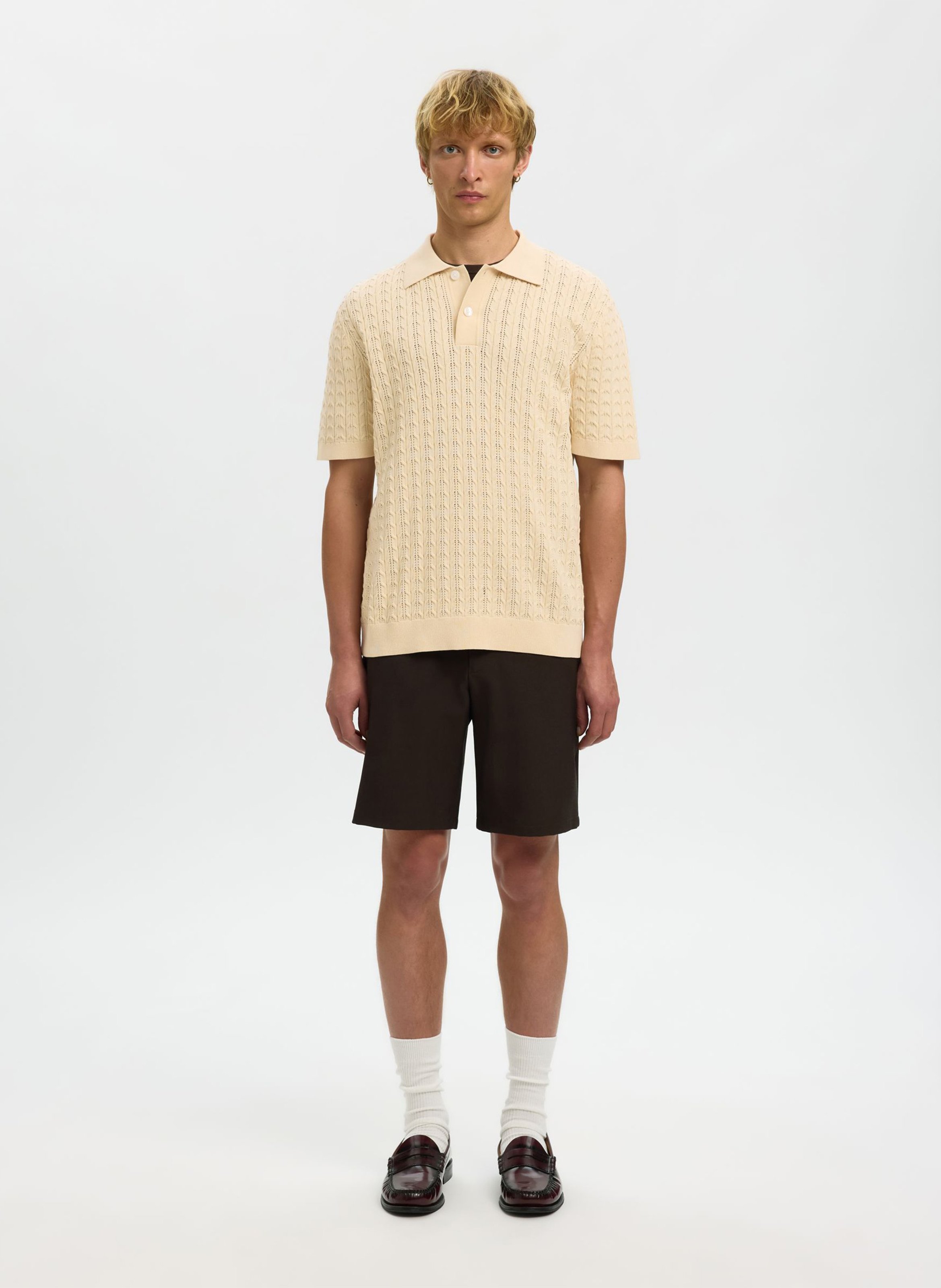 Polo en maille en coton bio SELECTED Beige