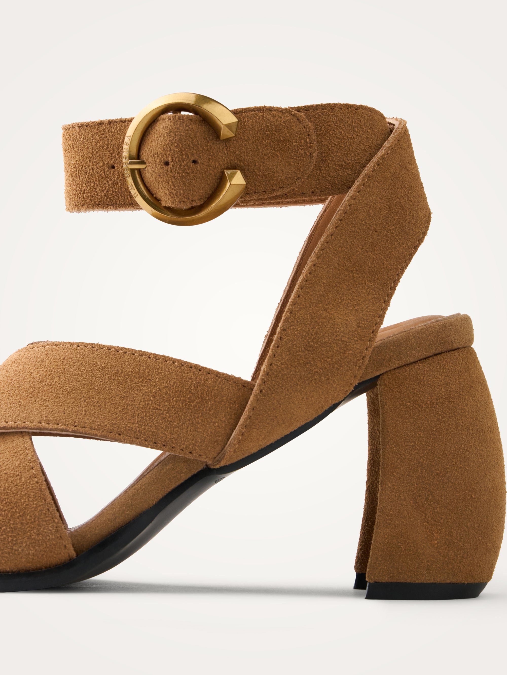 Half-moon heel sandals with multiple crossed straps in metallic effect leather VANESSA WU Brown