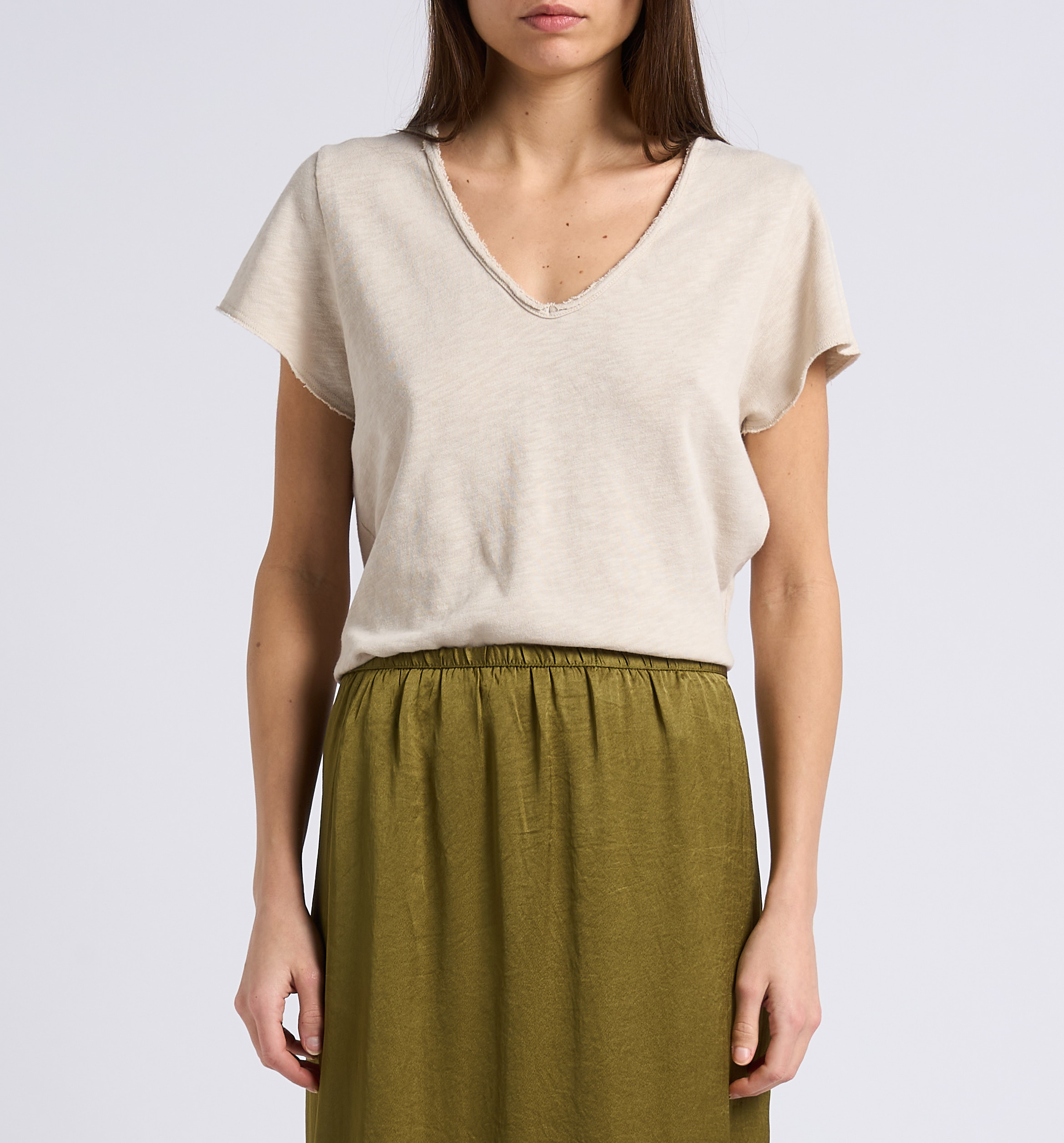 Gerade geschnittenes Baumwoll-T-Shirt mit ungesäumten Schnittkanten AMERICAN VINTAGE Beige