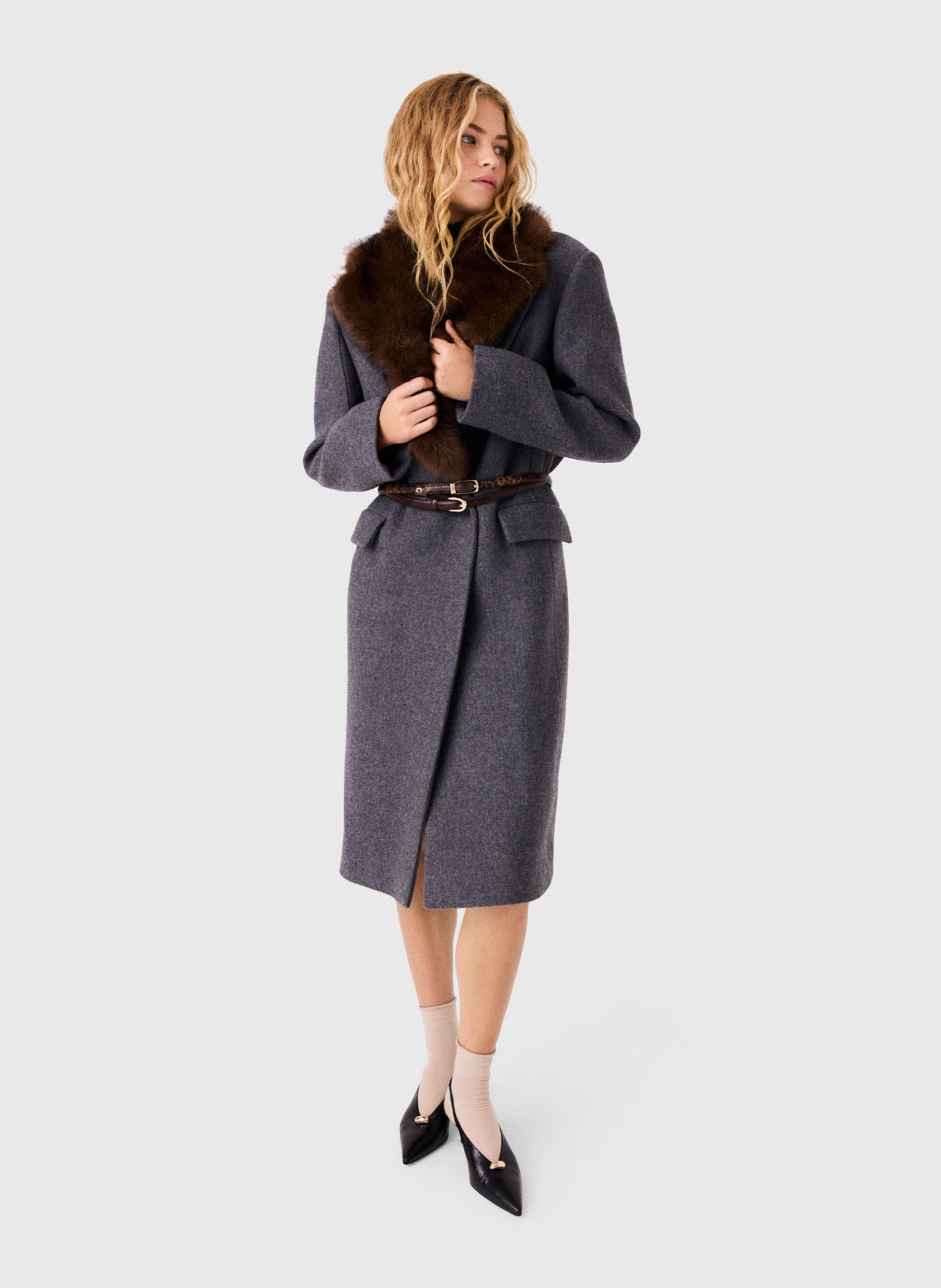 Manteau ceinture à col amovible en laine mélangée MAJE Gris
