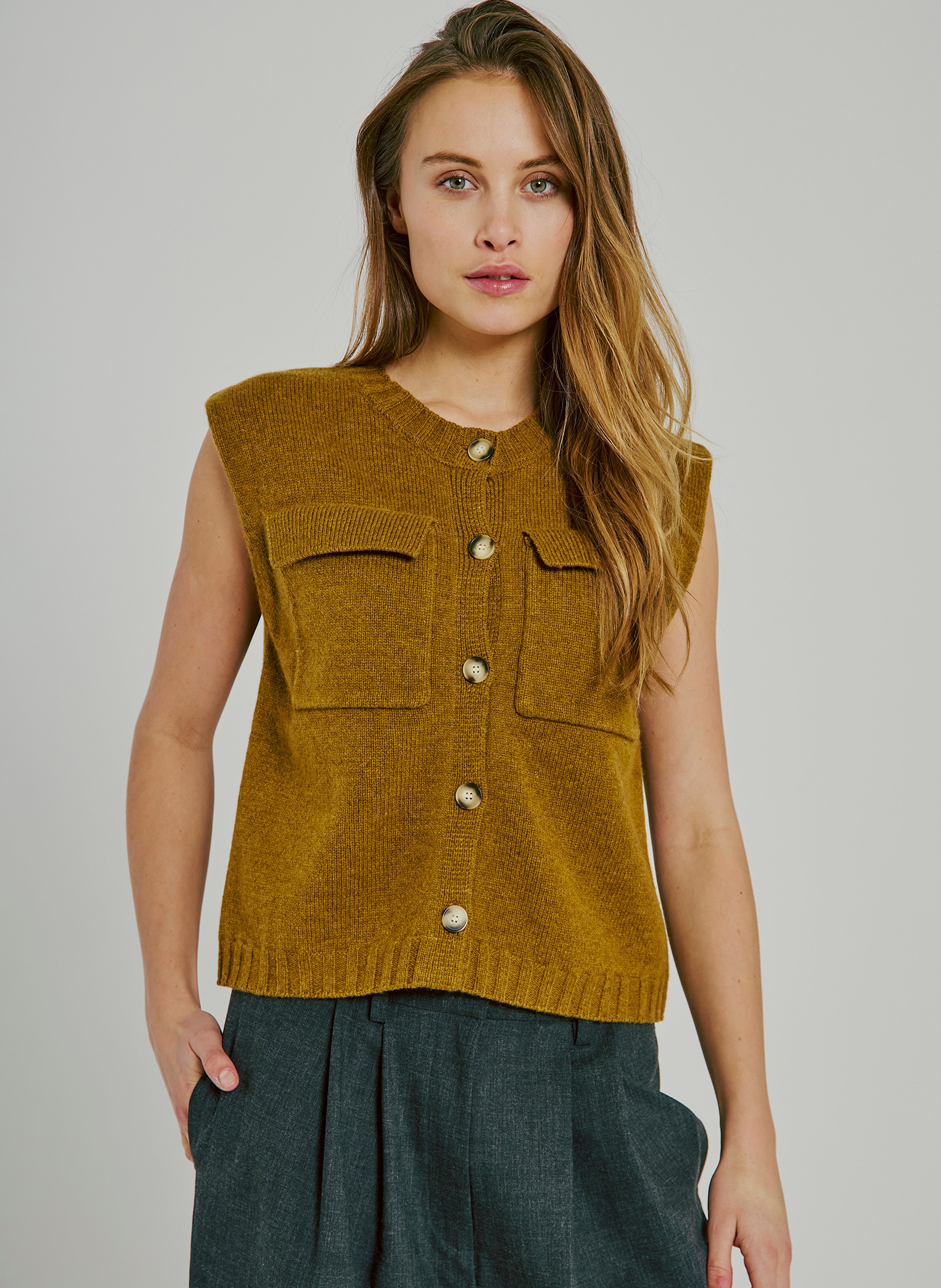 Straight round-neck wool cardigan NORR Green