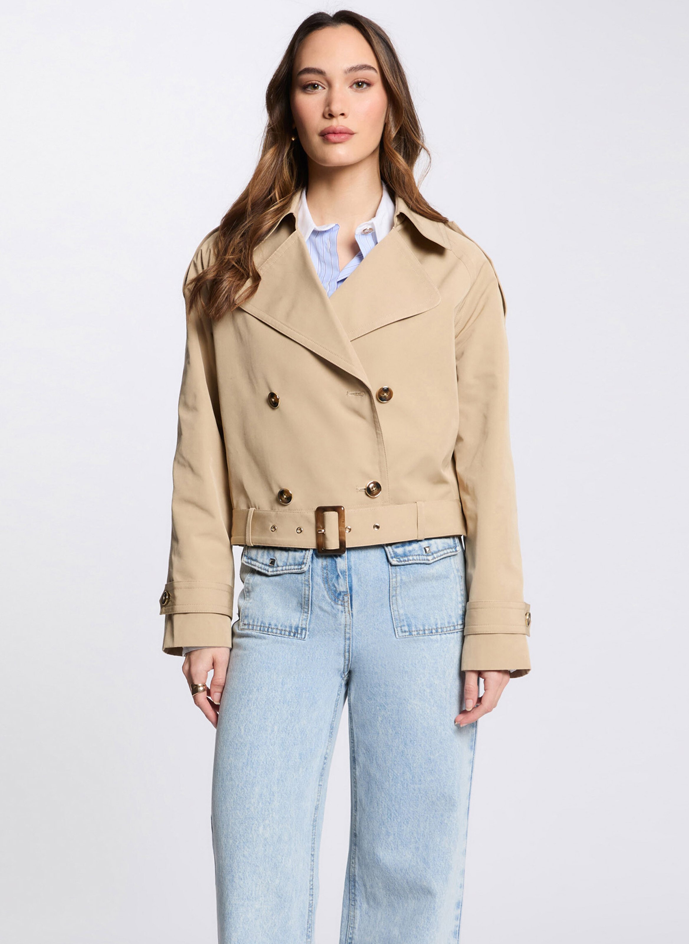 Short buttoned trench coat with belt MORGAN Beige