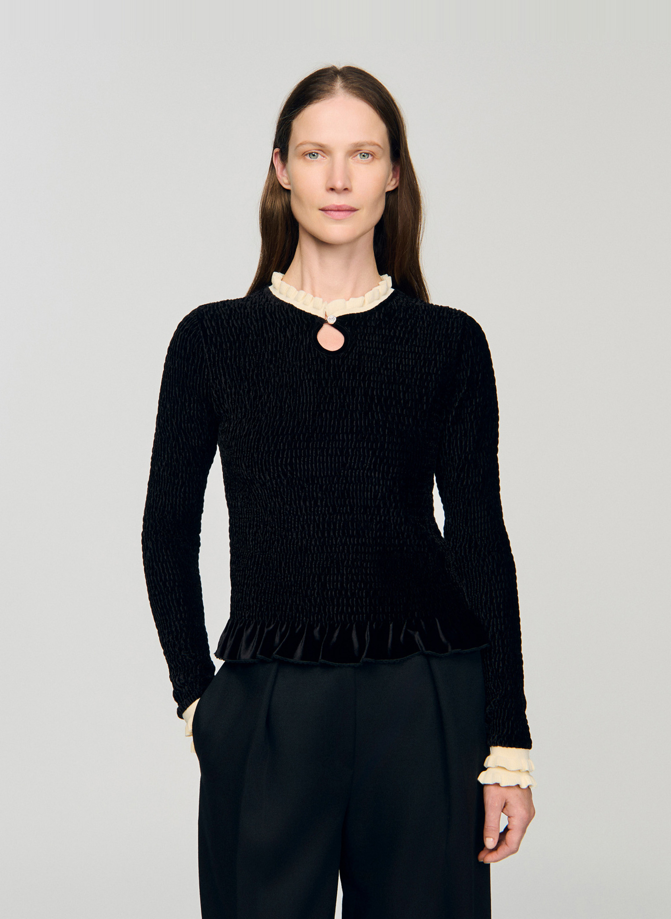 Round-neck ruffled T-shirt SANDRO Black