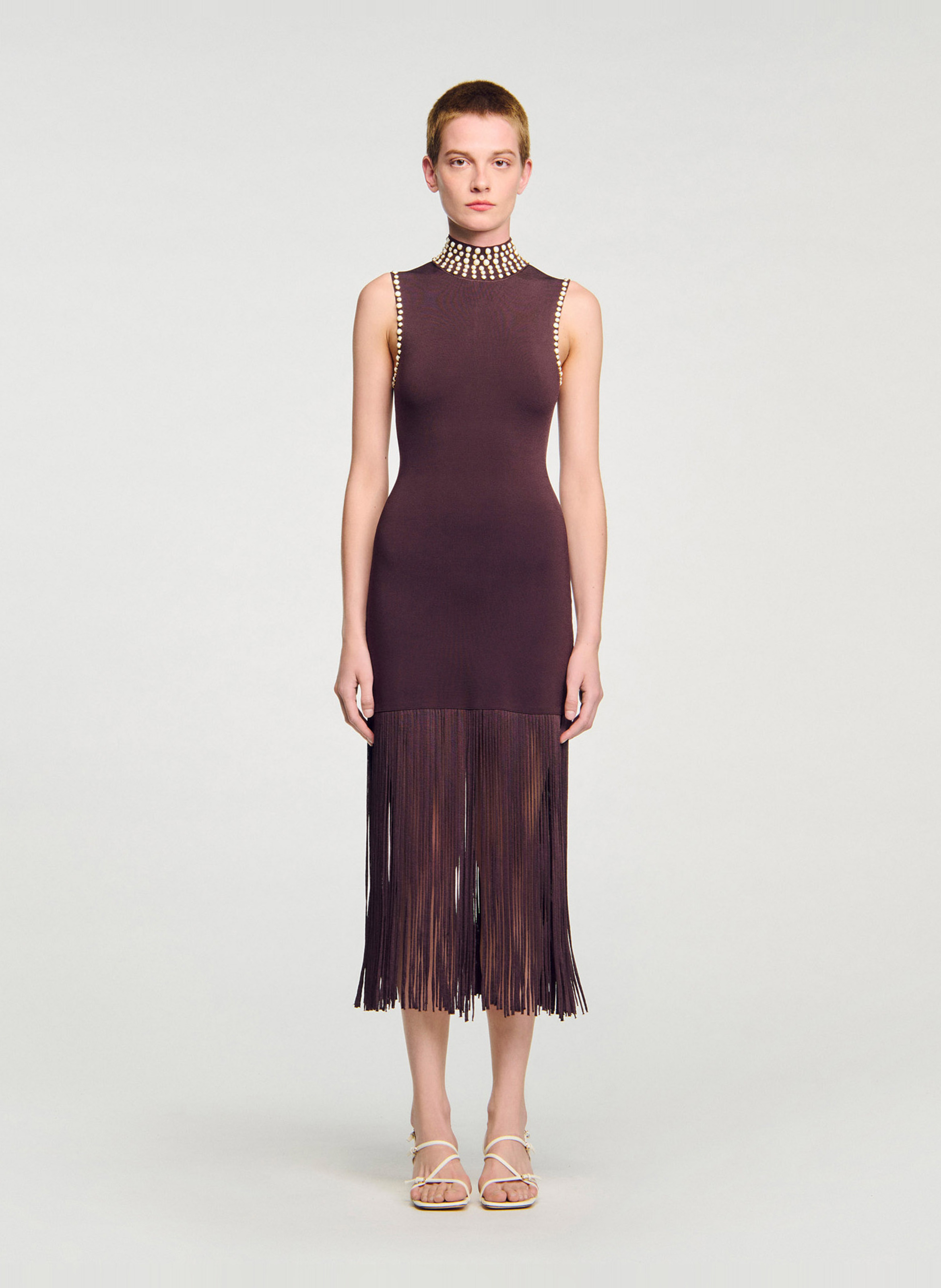 Robe midi moulante col montant SANDRO Marron