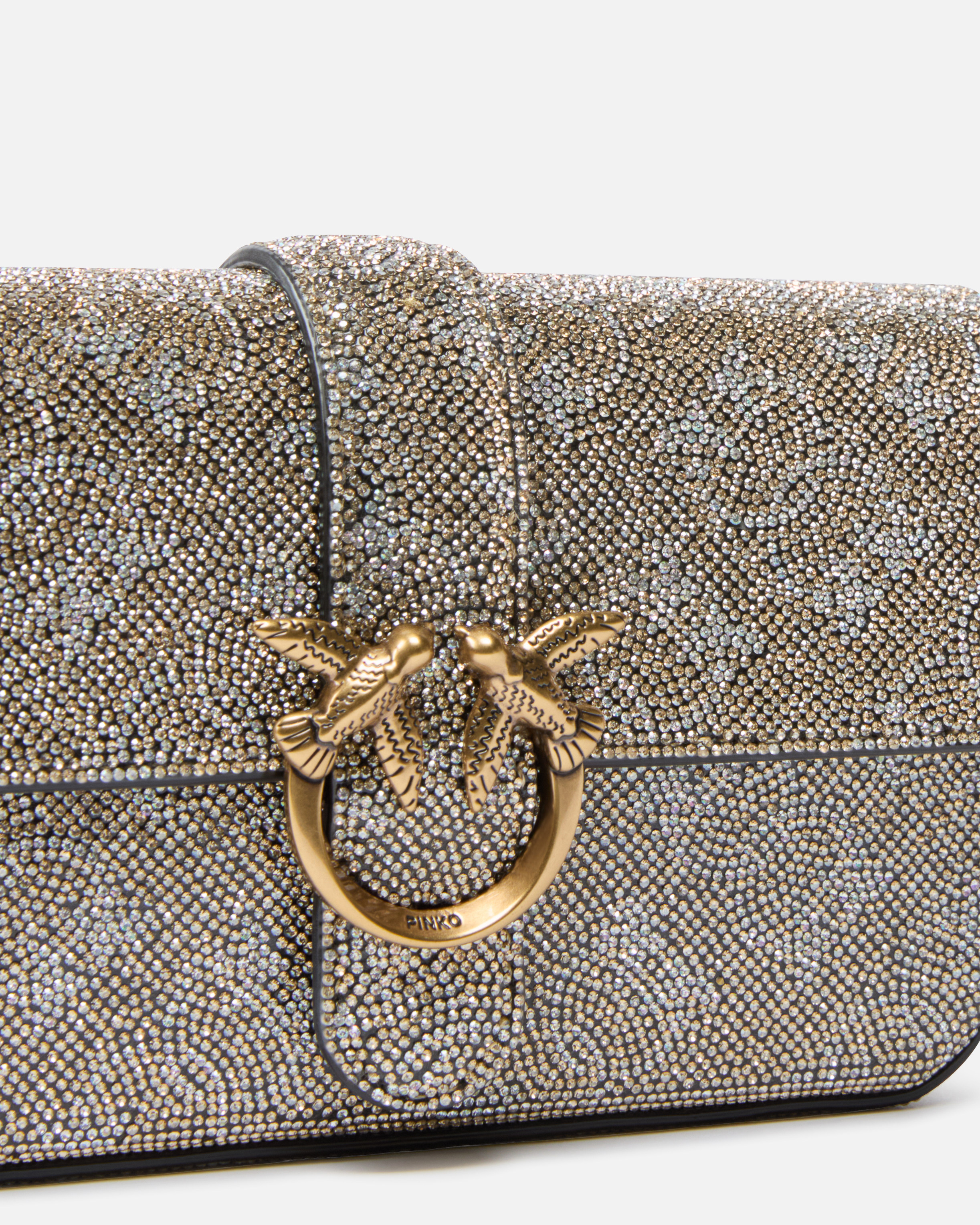 Shoulder bag "Baby Love Bag Slouchy" in leather with rhinestones PINKO Golden