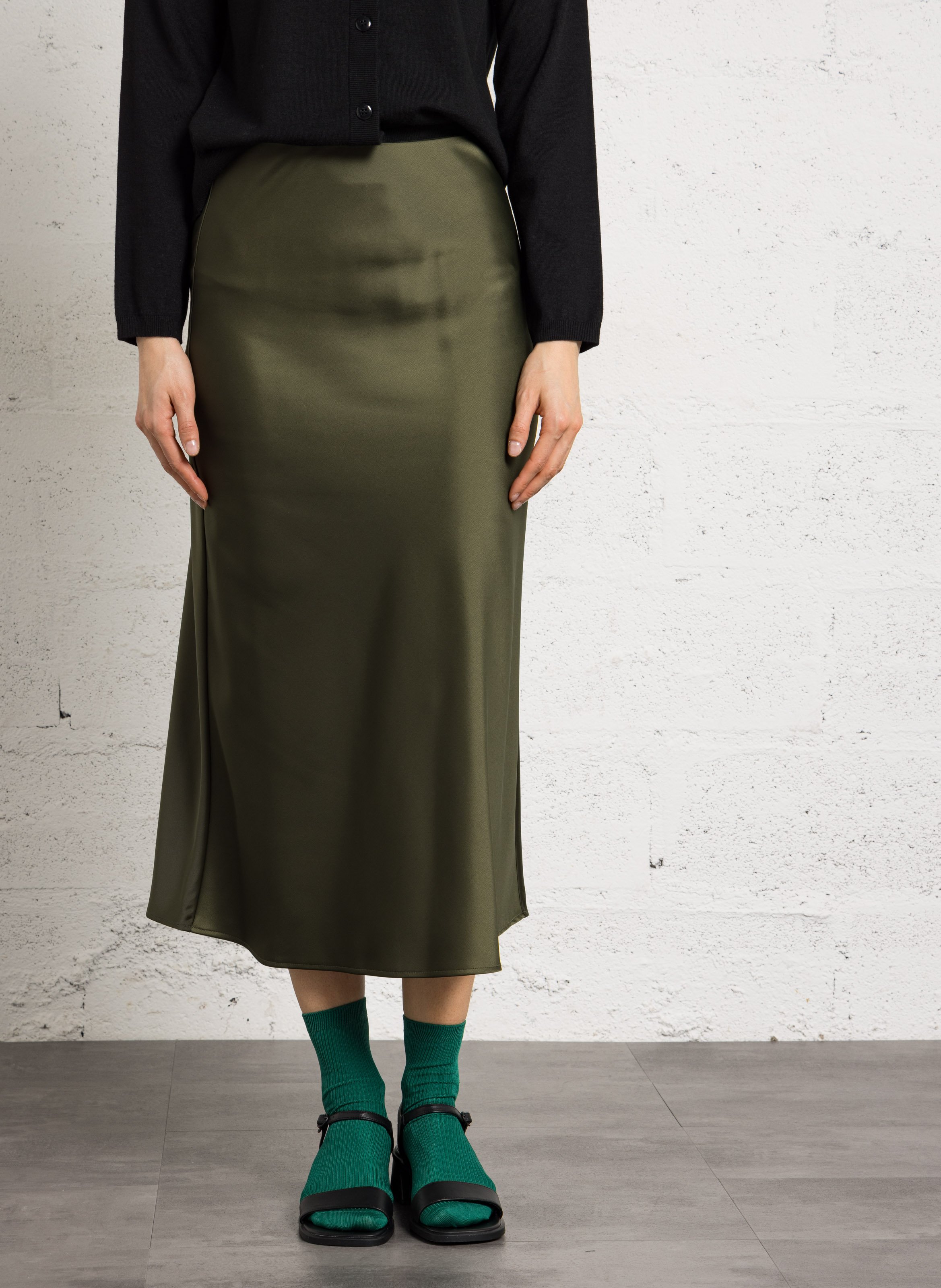 Flared satin-effect midi skirt MAISON 123 Khaki