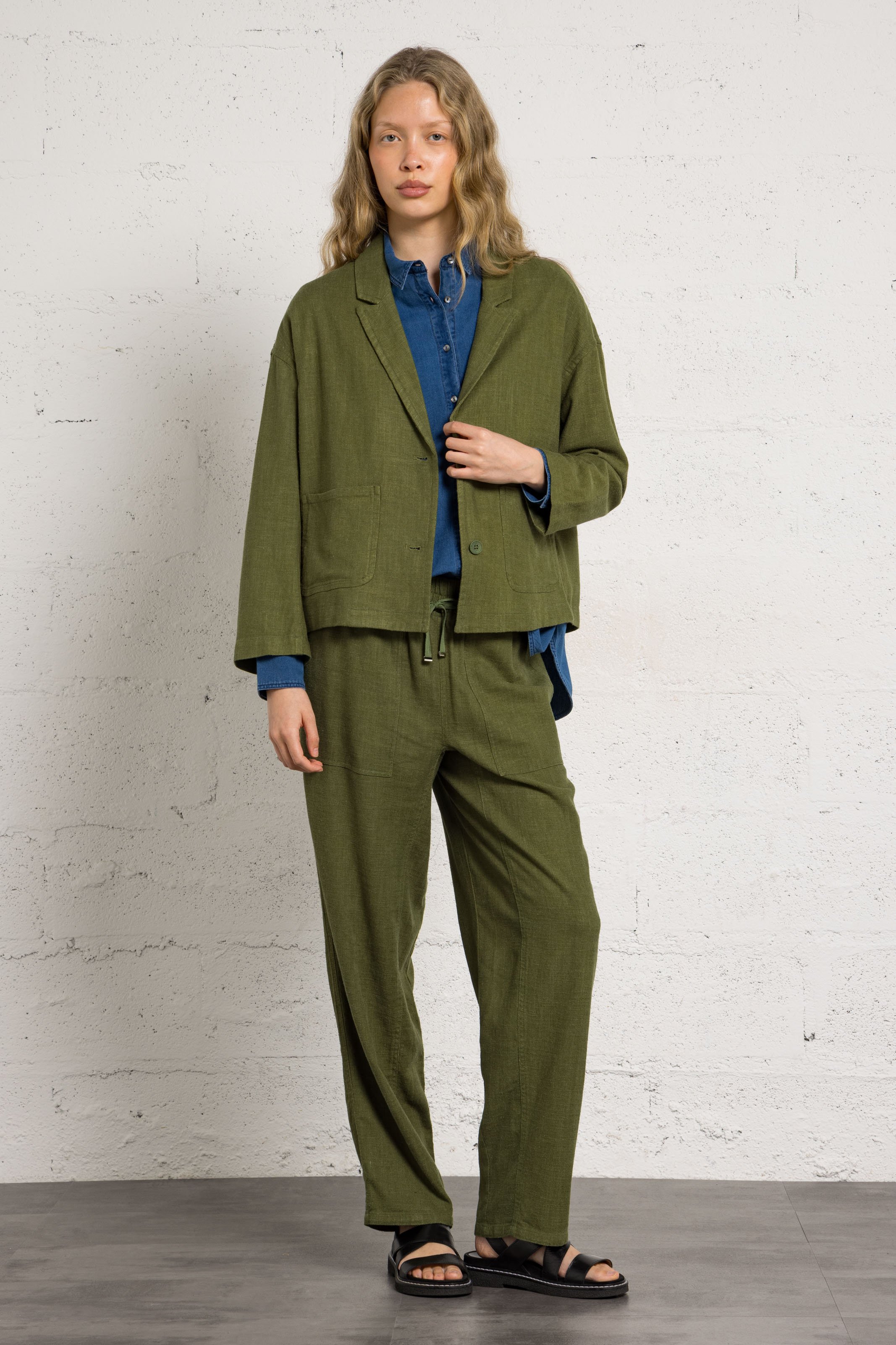 Weite Jacke mit Reverskragen aus Leinen und Baumwolle BELLA JONES Khaki