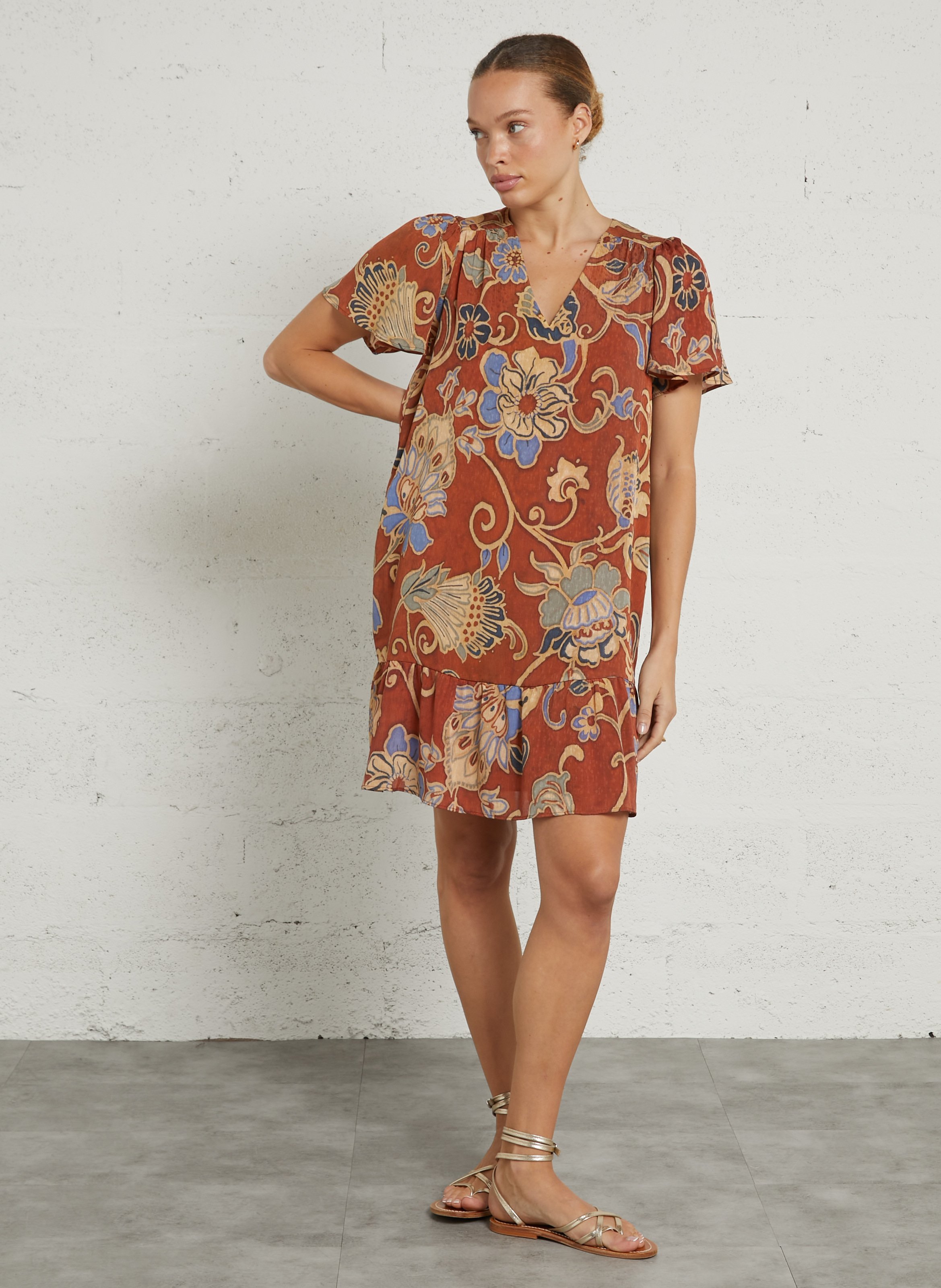 Halflange jurk met V-hals en print SUD EXPRESS Oranje