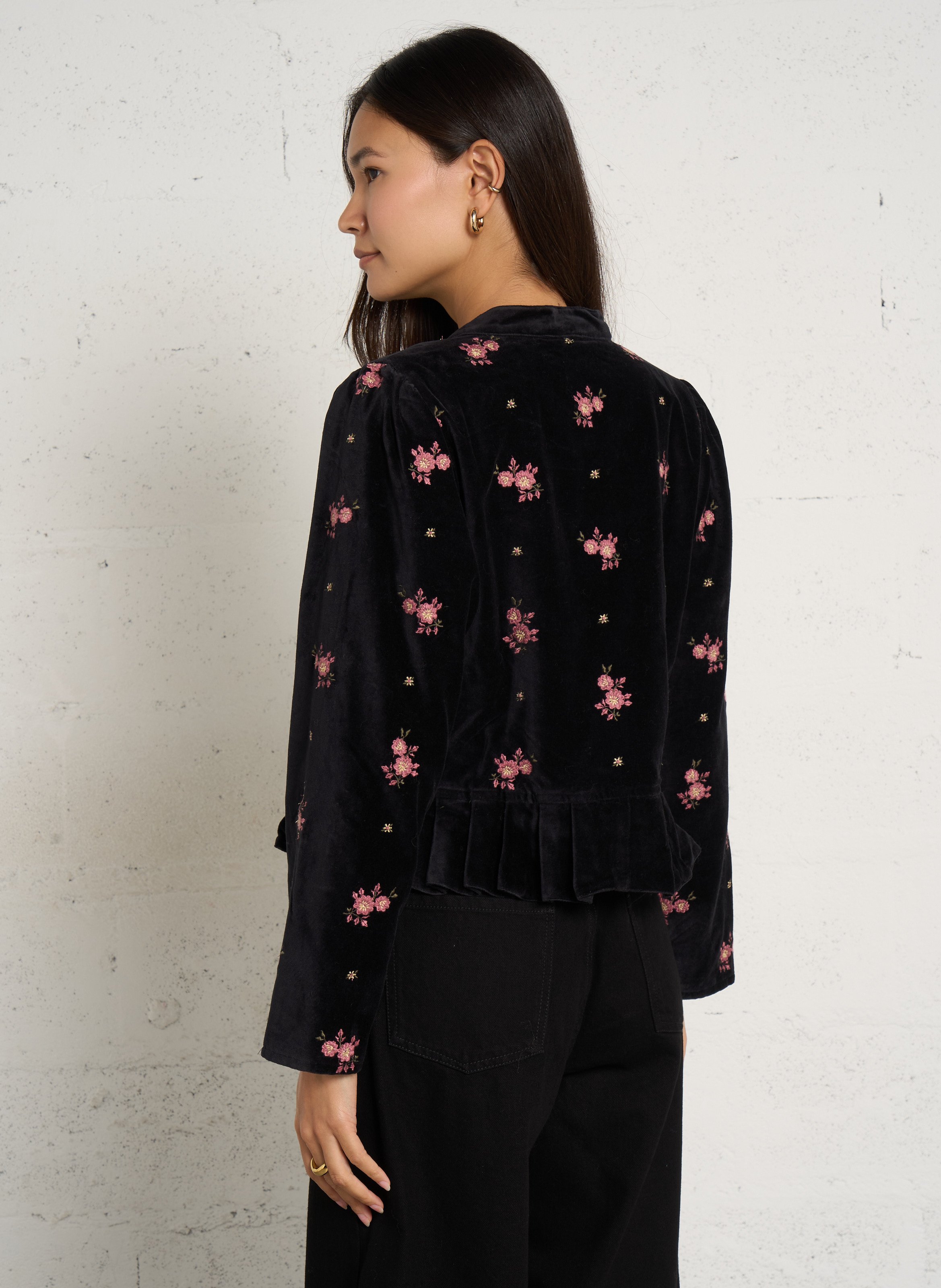 Gerade bestickte Baumwoll-Veloursjacke MAISON HOTEL Schwarz