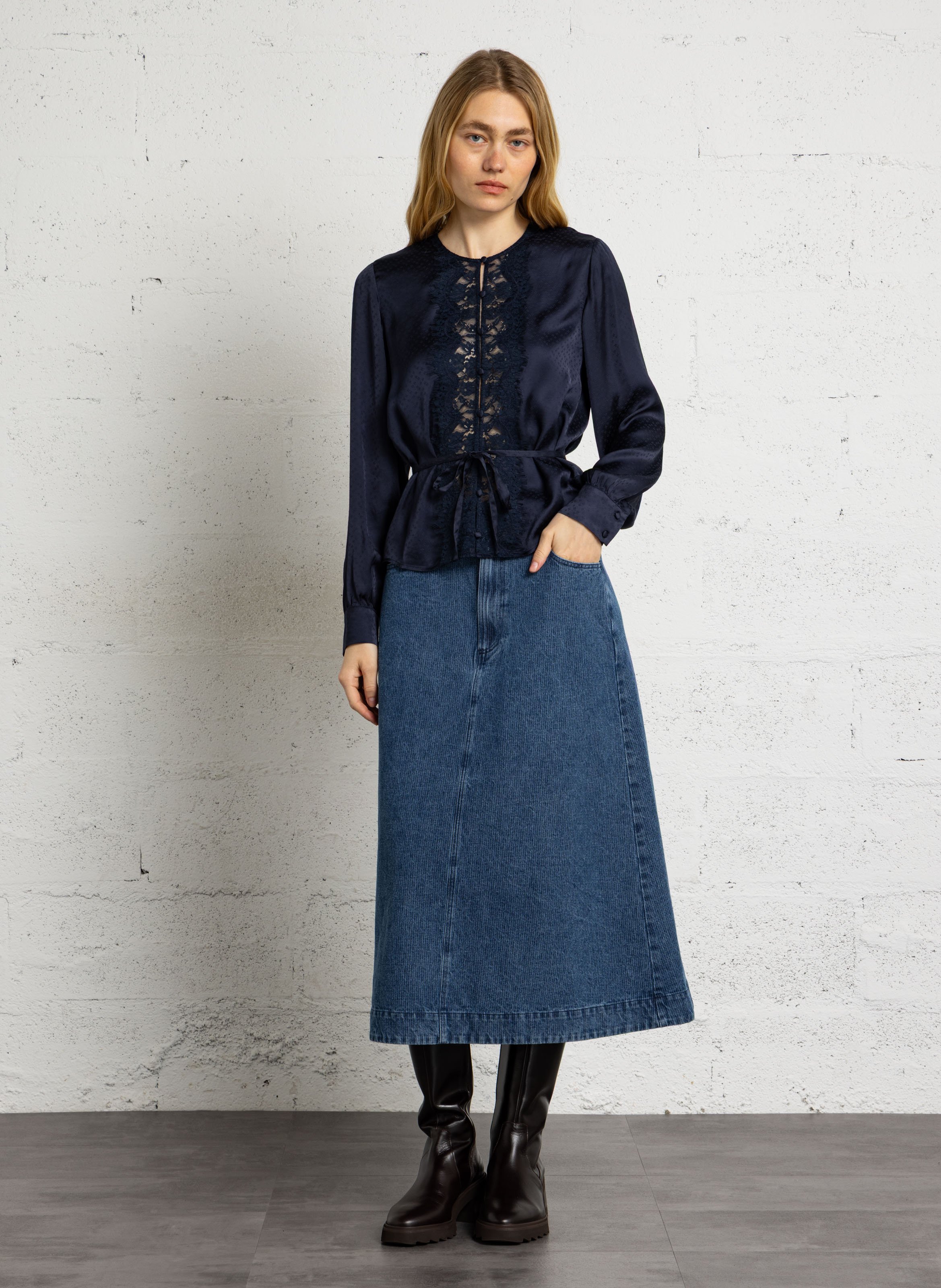 Long-sleeve jacquard lace top PETITE MENDIGOTE Blue