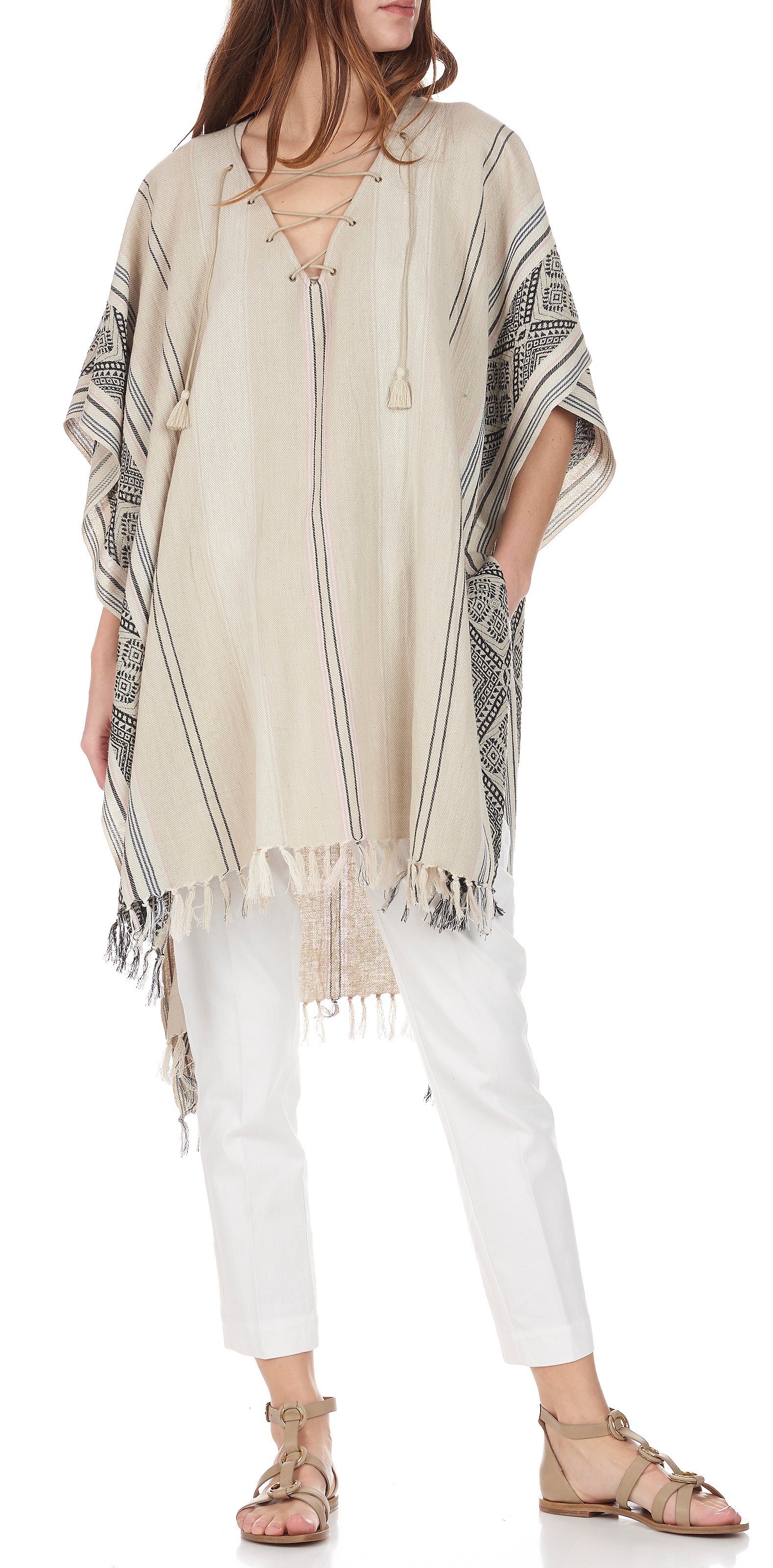 Poncho rayé en coton SWILDENS Beige