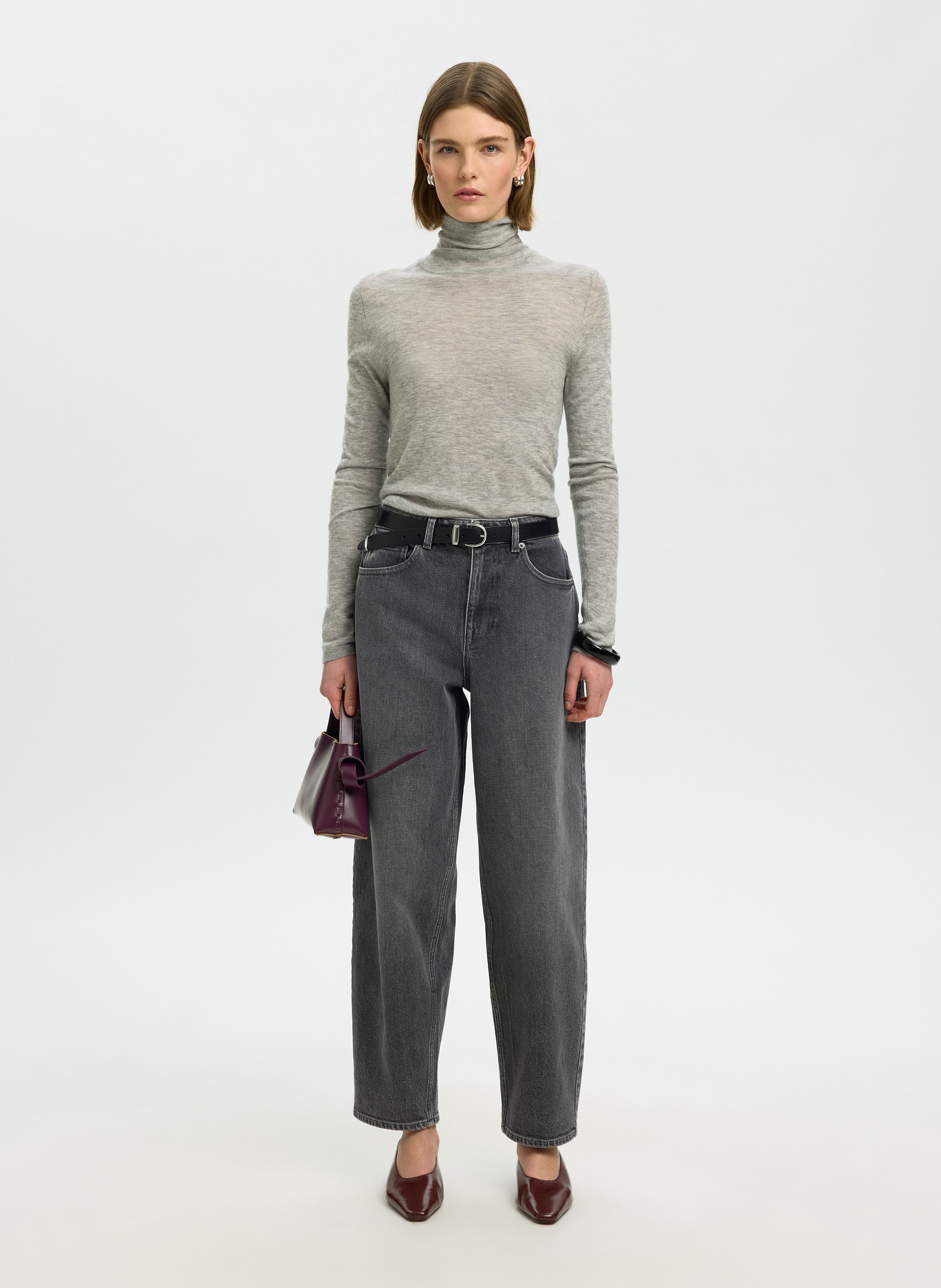 Tee-shirt col roulé uni en laine SELECTED Gris
