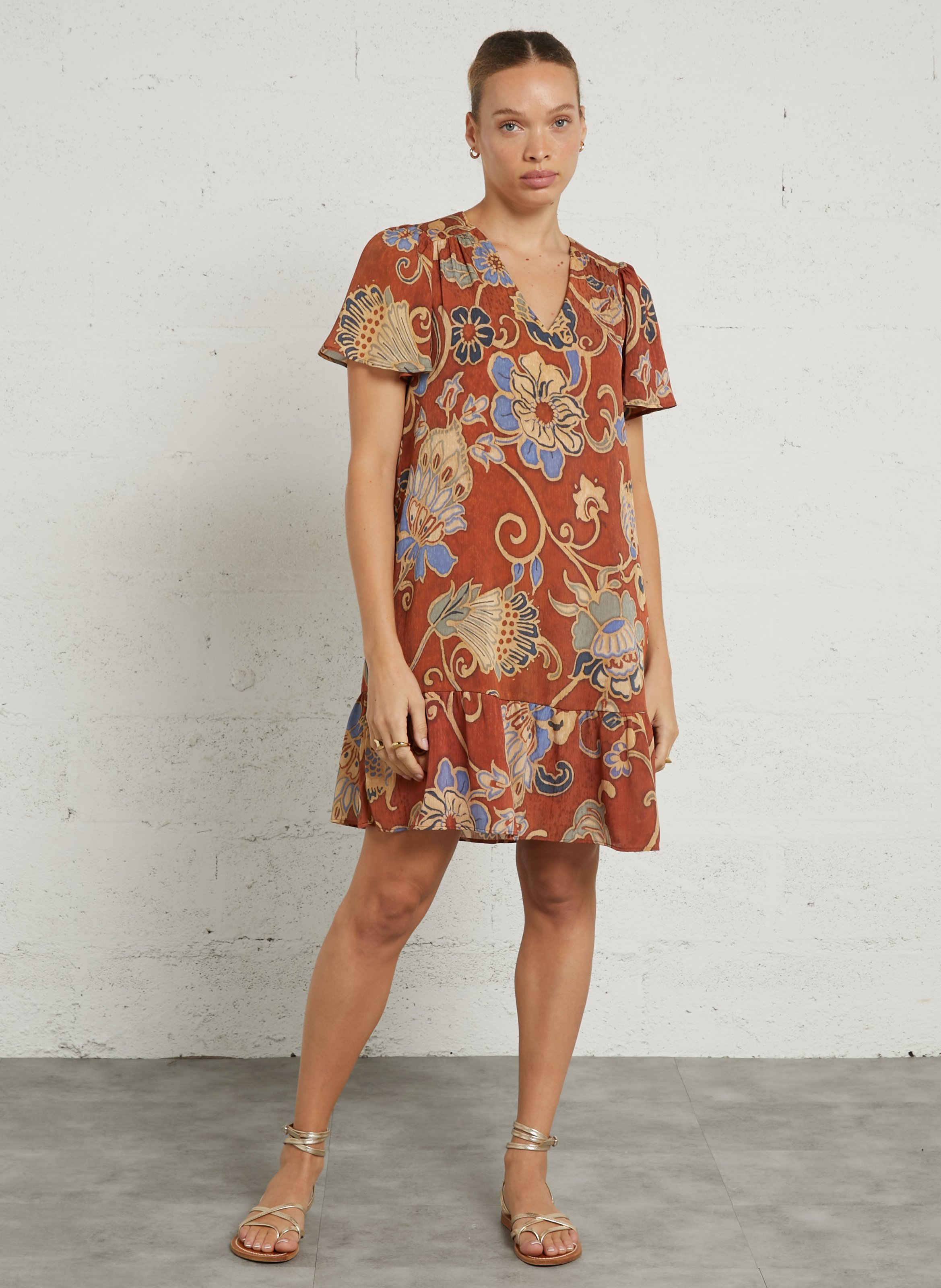 Halflange jurk met V-hals en print SUD EXPRESS Oranje