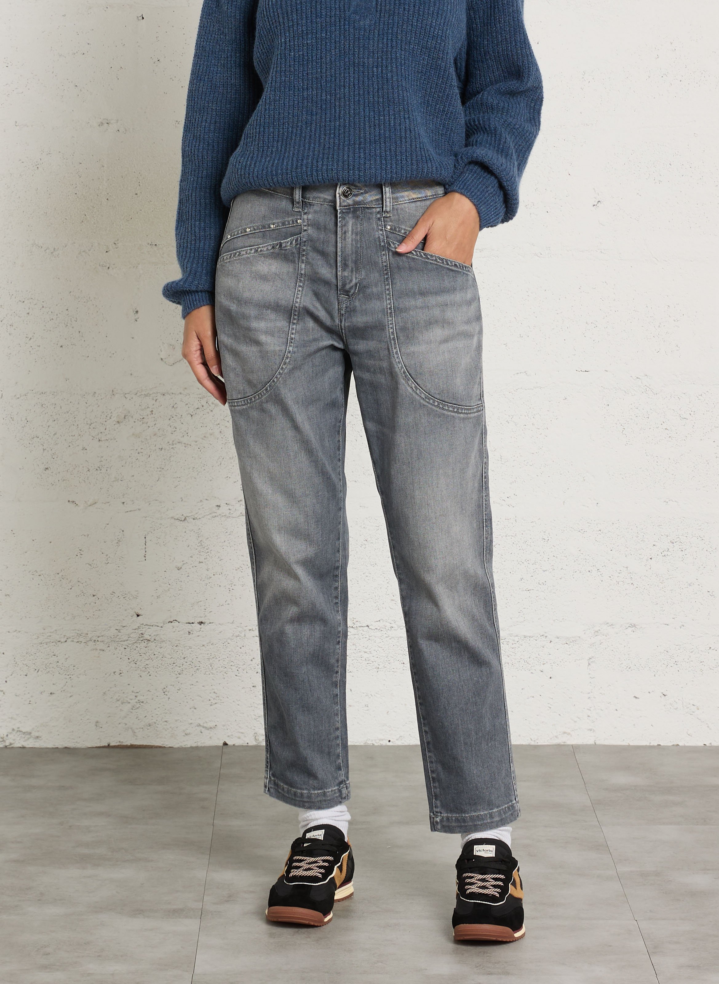 High Waist Straight Cut Jeans aus Baumwoll-Mix LE TEMPS DES CERISES Grau